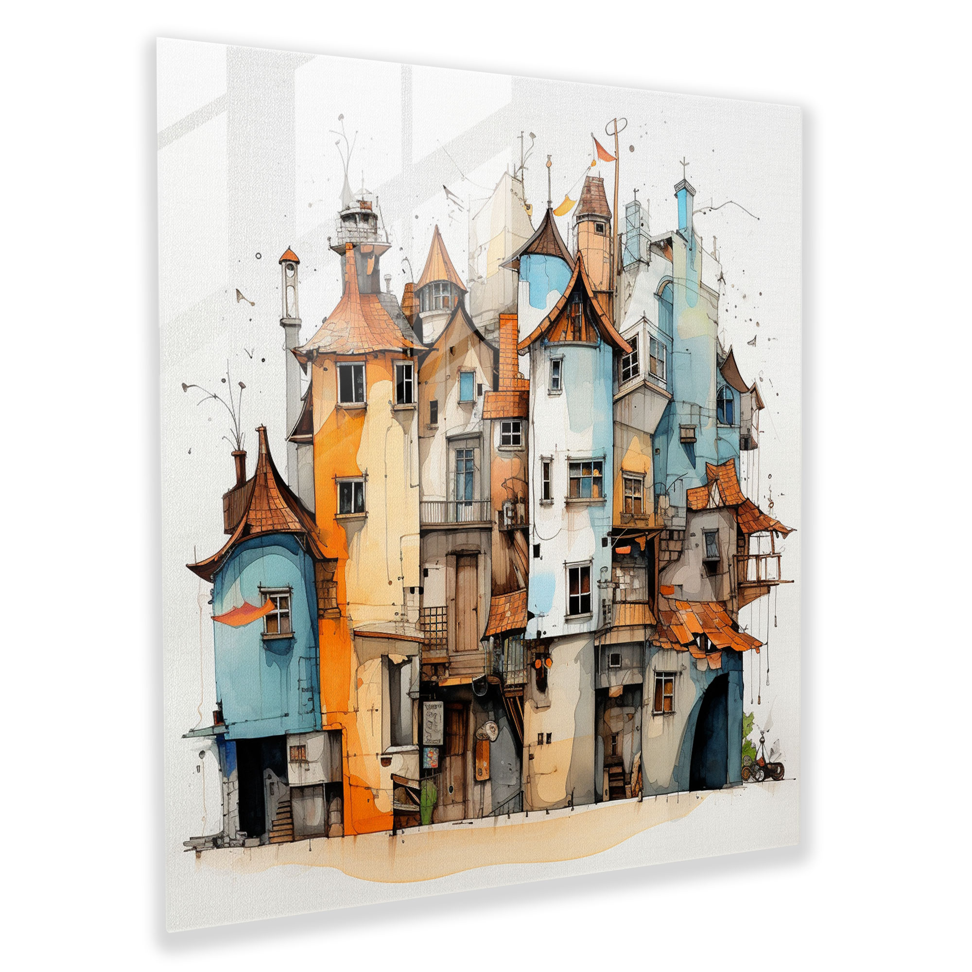 Architectural Charm Glass Print - Village, Quaint Buildings, Abstract Architectural Sketch, Charming