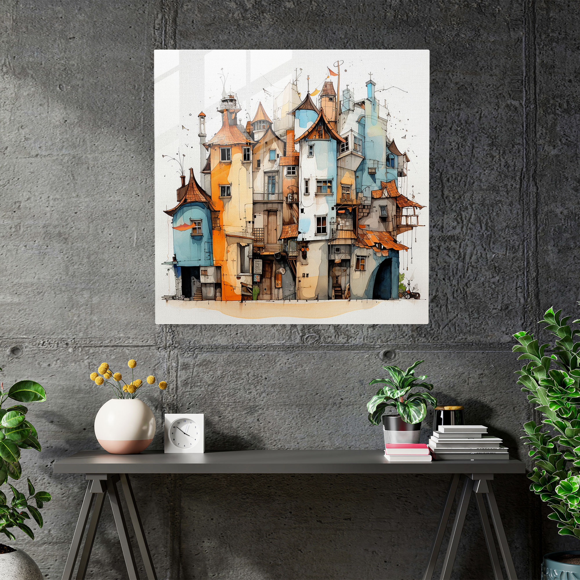 Architectural Charm Glass Print - Village, Quaint Buildings, Abstract Architectural Sketch, Charming