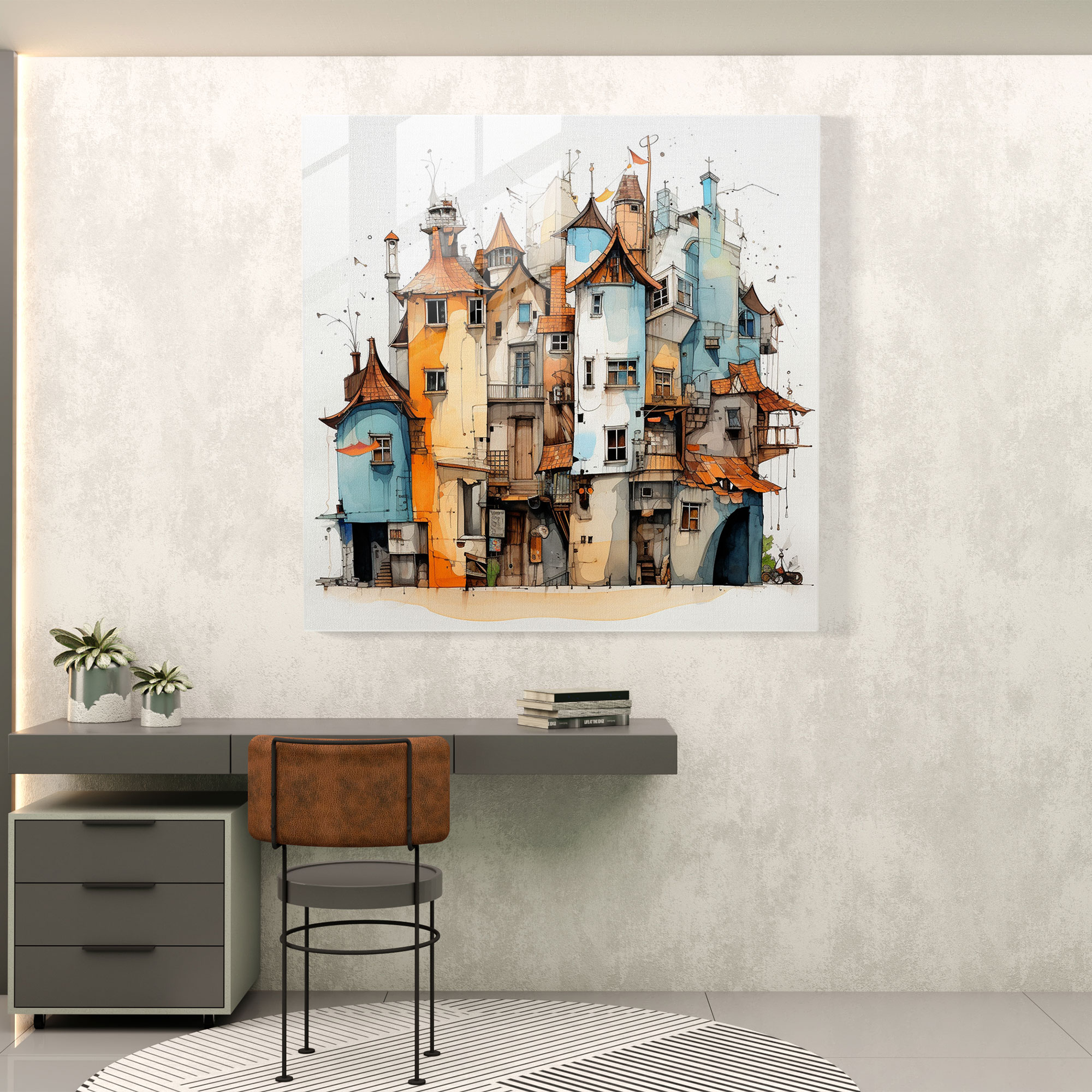 Architectural Charm Glass Print - Village, Quaint Buildings, Abstract Architectural Sketch, Charming