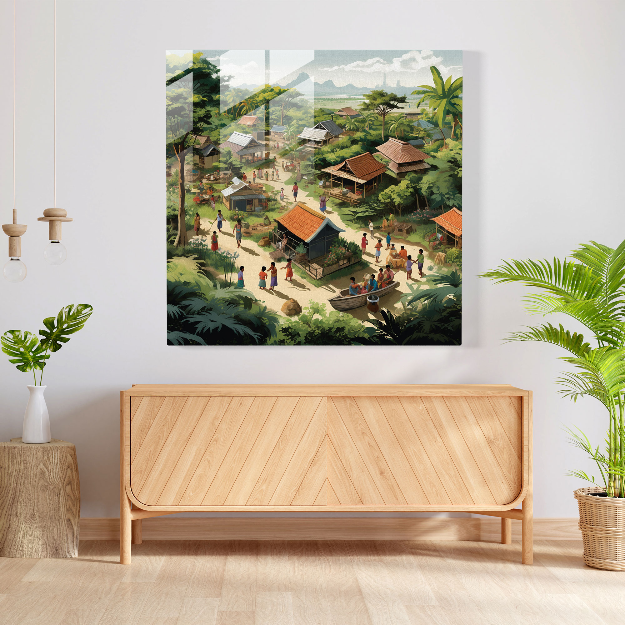 Köy Temalı Cam Tablo - Modern Grafik İllüstrasyon Ev Dekorasyonu Sıkı Bağlar