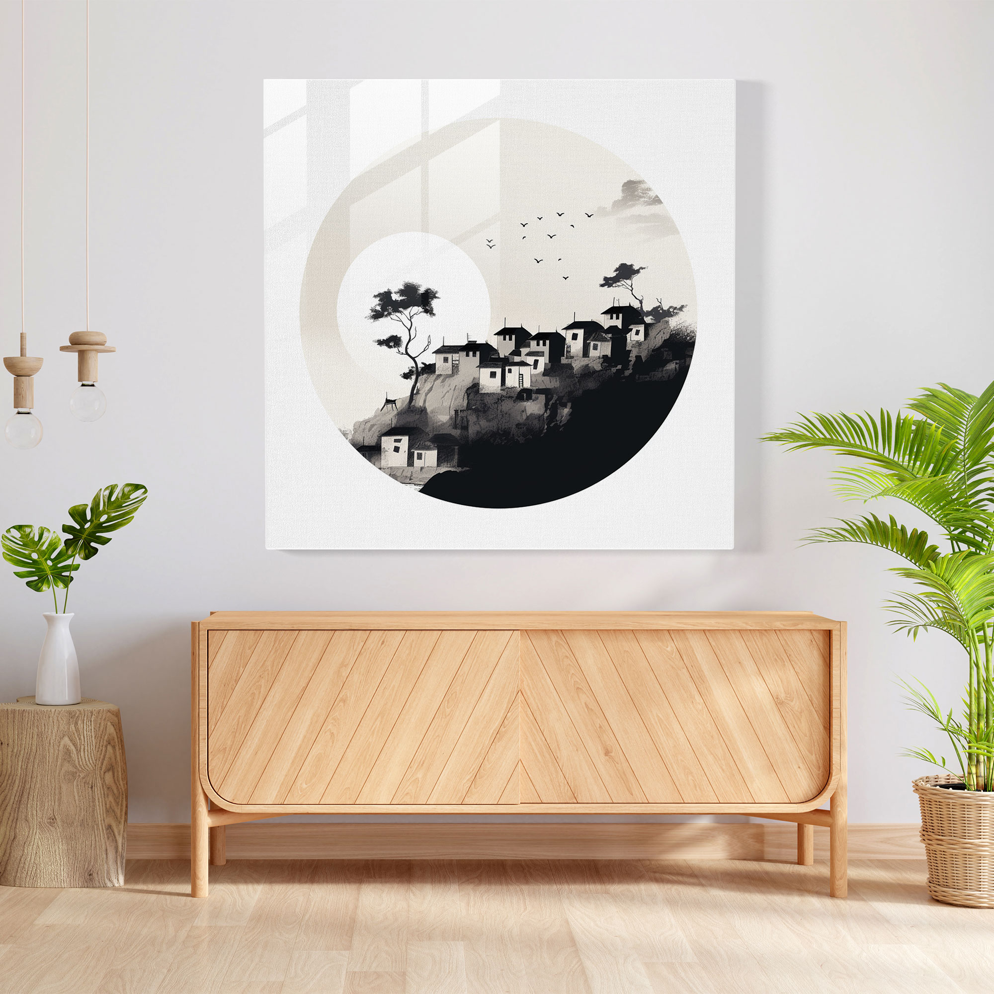 Silhouette Village Glass Print - Village, Home Decoration, Glass Wall Art, Silhouette