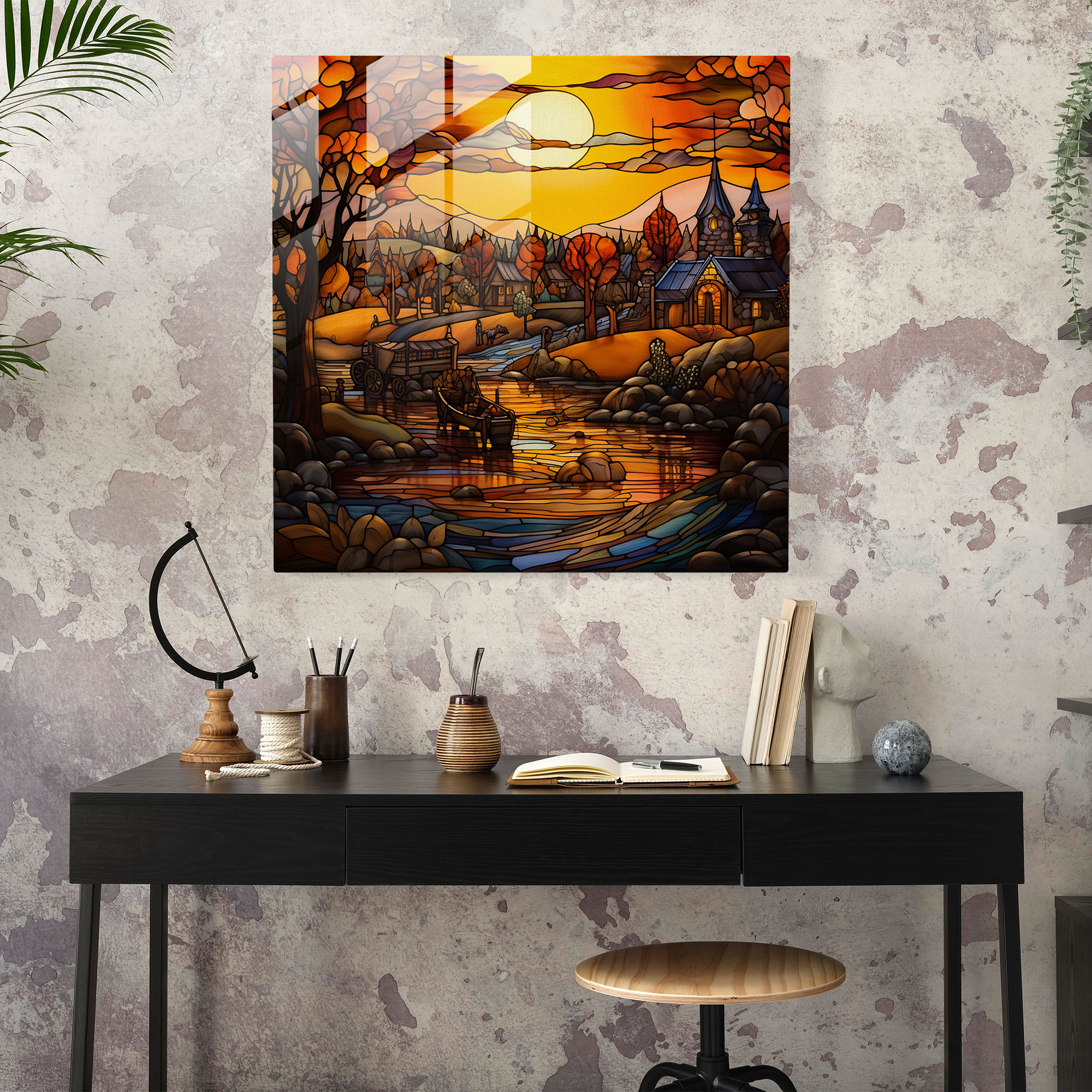 Cam Tablo Köy Manzarası Baskısı - Köy Cam Sanatı Modern Sanat Duvar Dekorasyonu