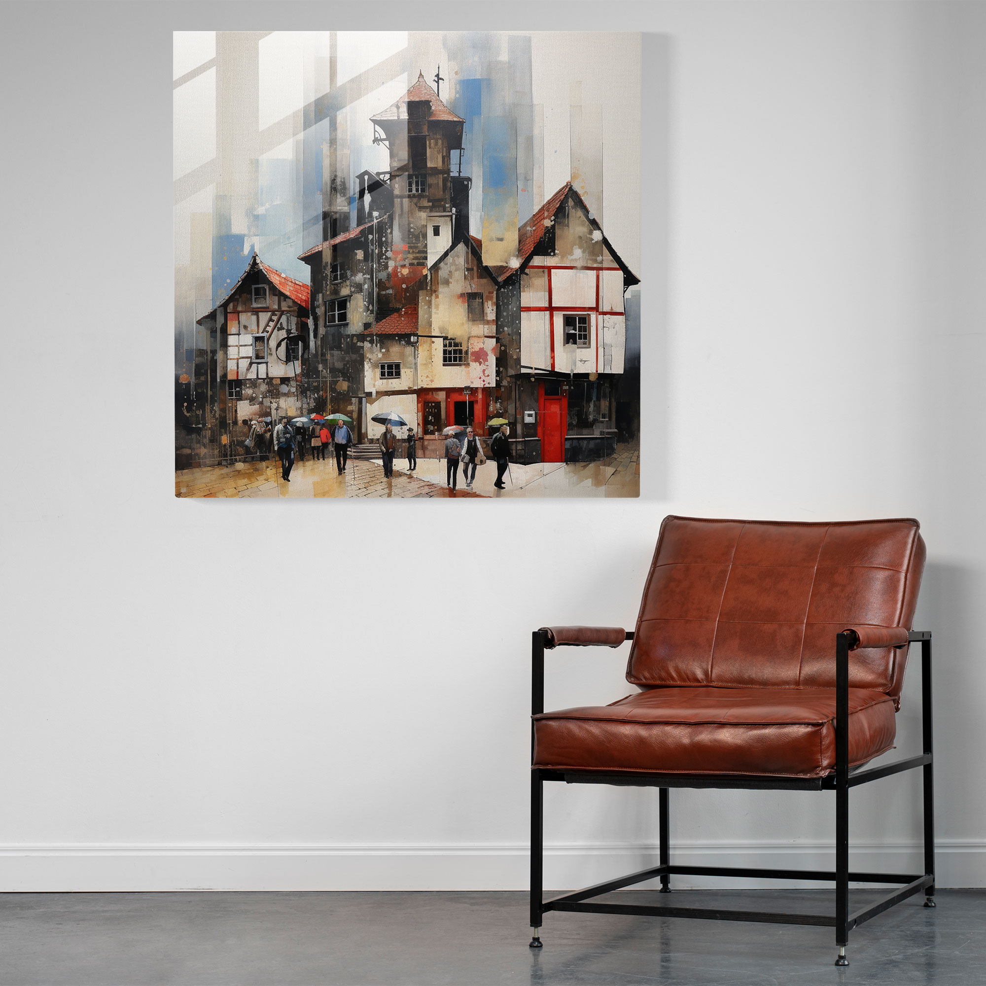 Bustling Village Square Glass Print - Village, Modern Art, Painting And Photography, Glass Art