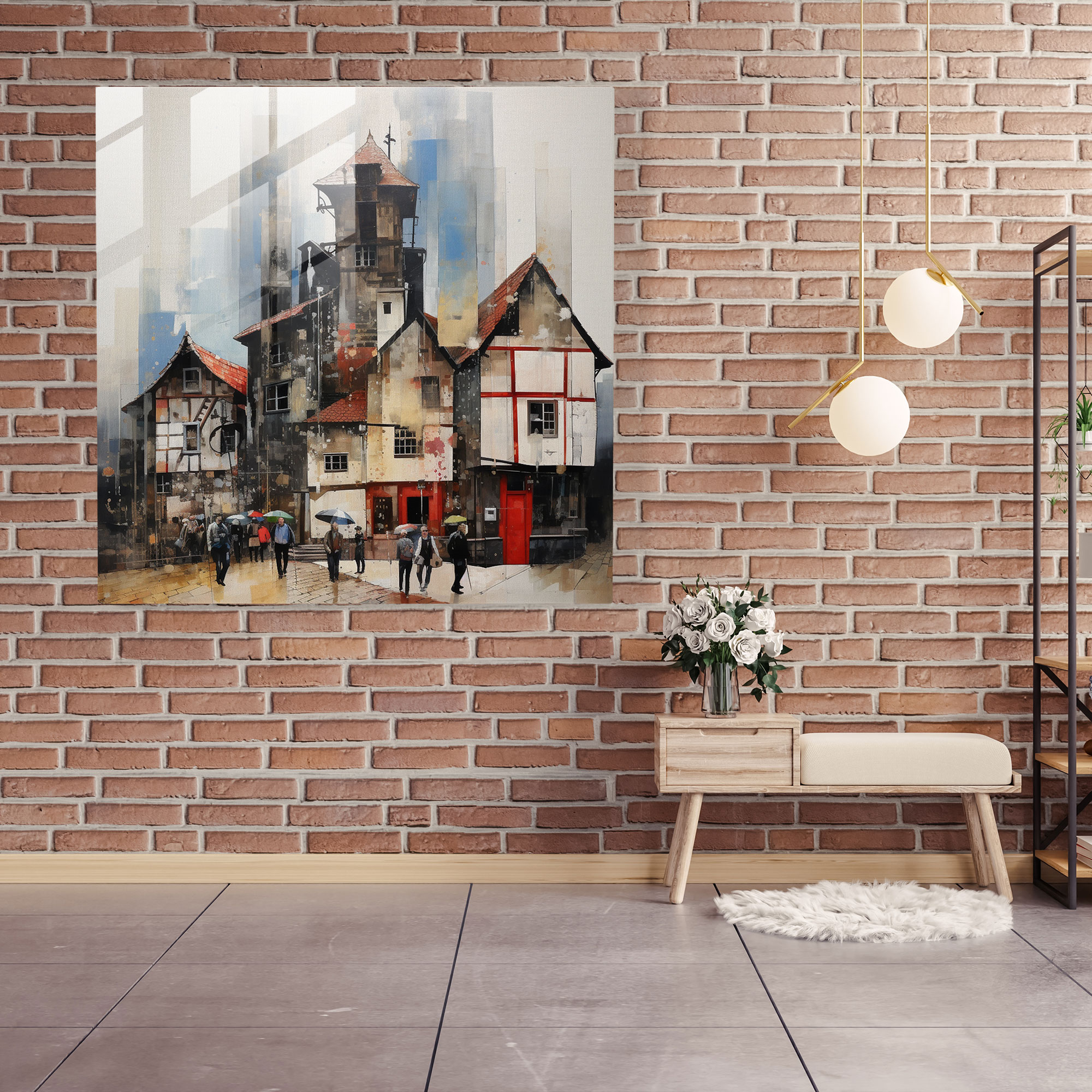 Bustling Village Square Glass Print - Village, Modern Art, Painting And Photography, Glass Art