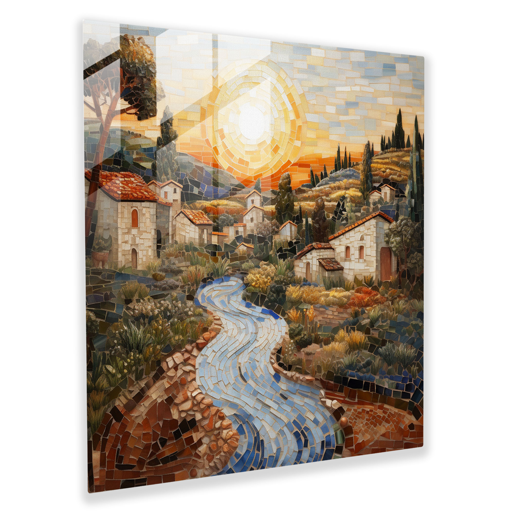 Shimmering Village Mosaic Print - Village, Glass Art, Wall Decoration, Shimmering Village Mosaic Print