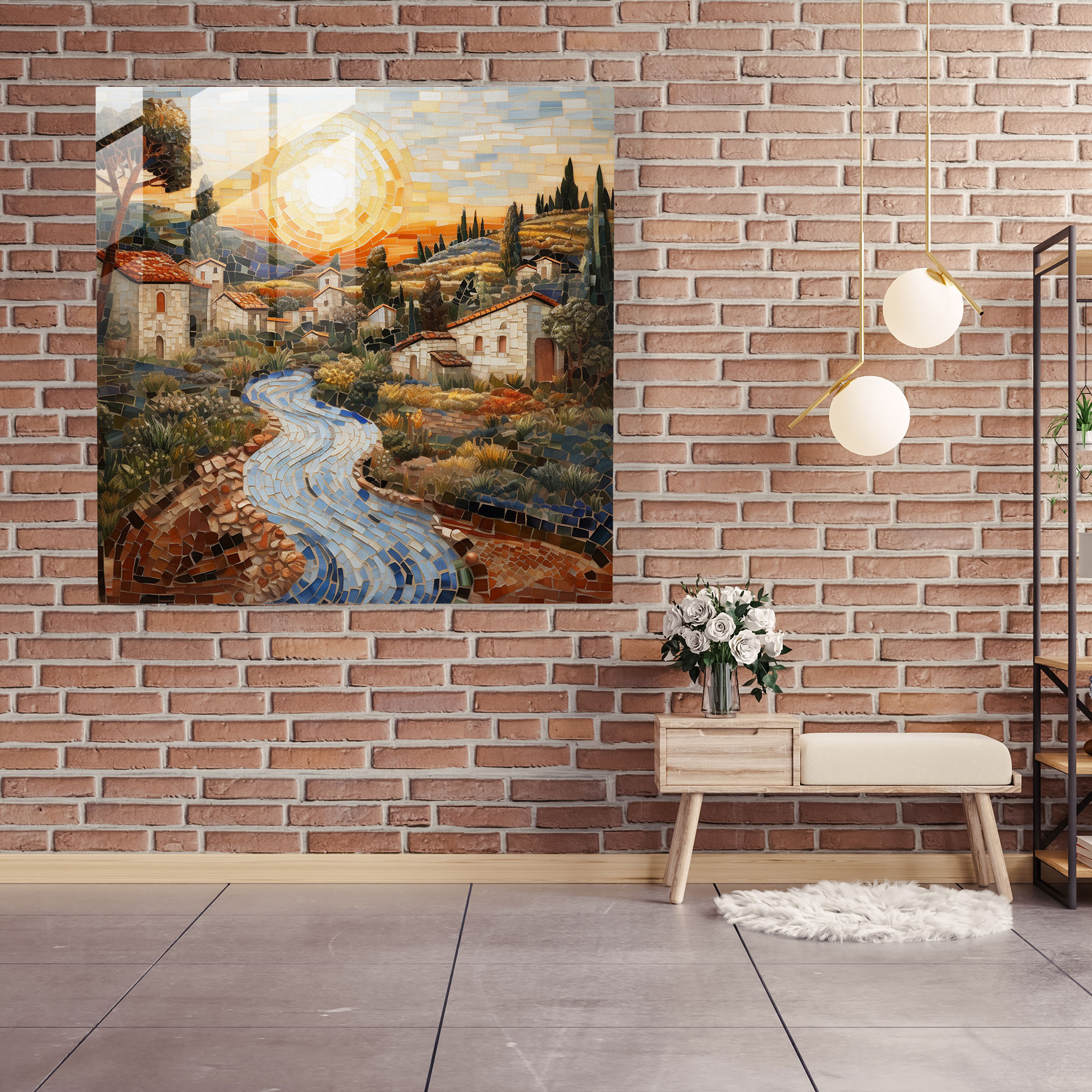Shimmering Village Mosaic Print - Village, Glass Art, Wall Decoration, Shimmering Village Mosaic Print