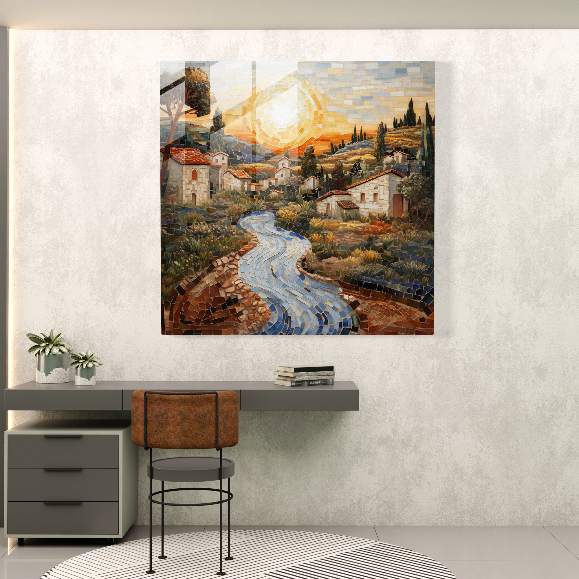 Shimmering Village Mosaic Print - Village, Glass Art, Wall Decoration, Shimmering Village Mosaic Print