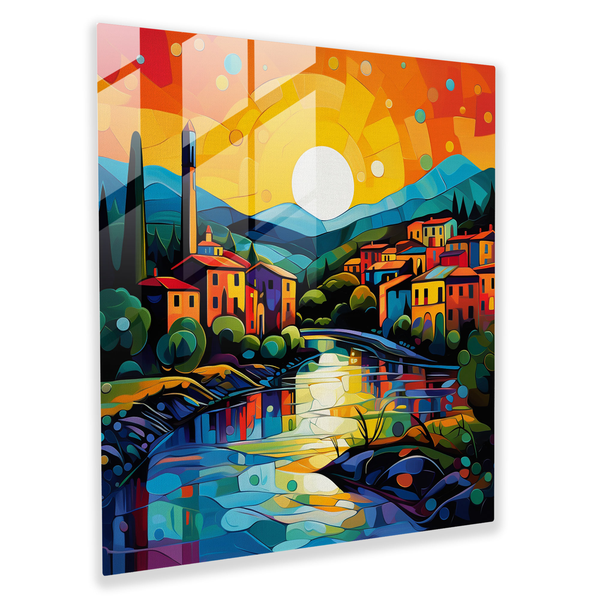 Retro Village Glass Print - Village, Home Decoration, Bold Colors, Retro Aesthetic