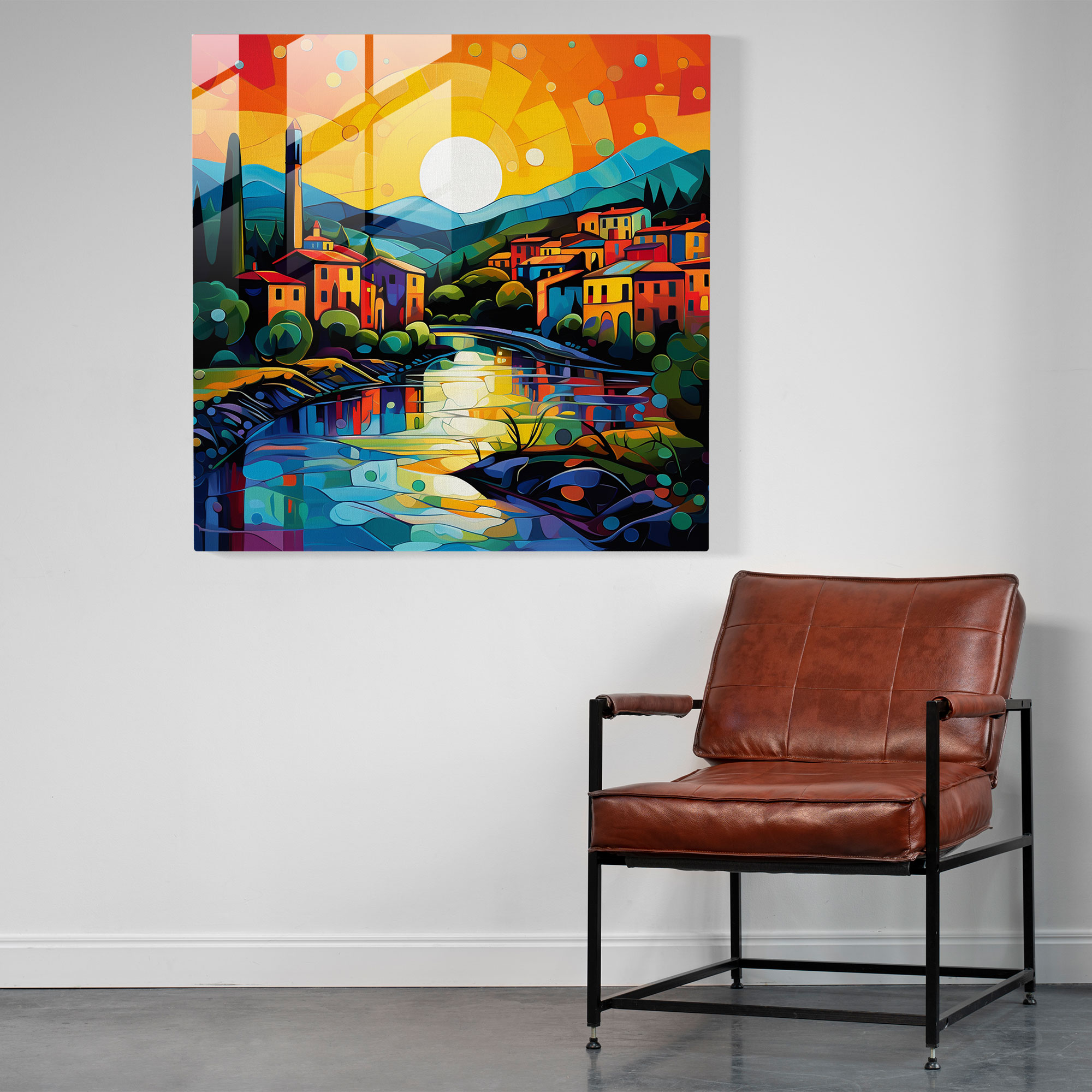 Retro Village Glass Print - Village, Home Decoration, Bold Colors, Retro Aesthetic