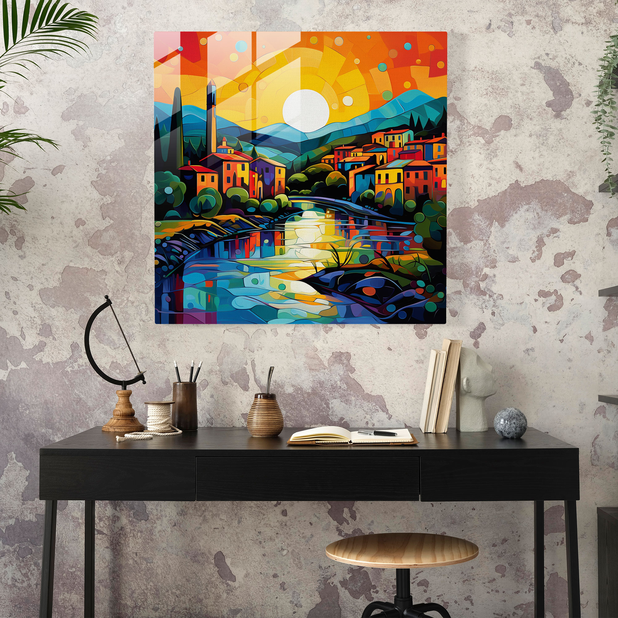 Retro Village Glass Print - Village, Home Decoration, Bold Colors, Retro Aesthetic