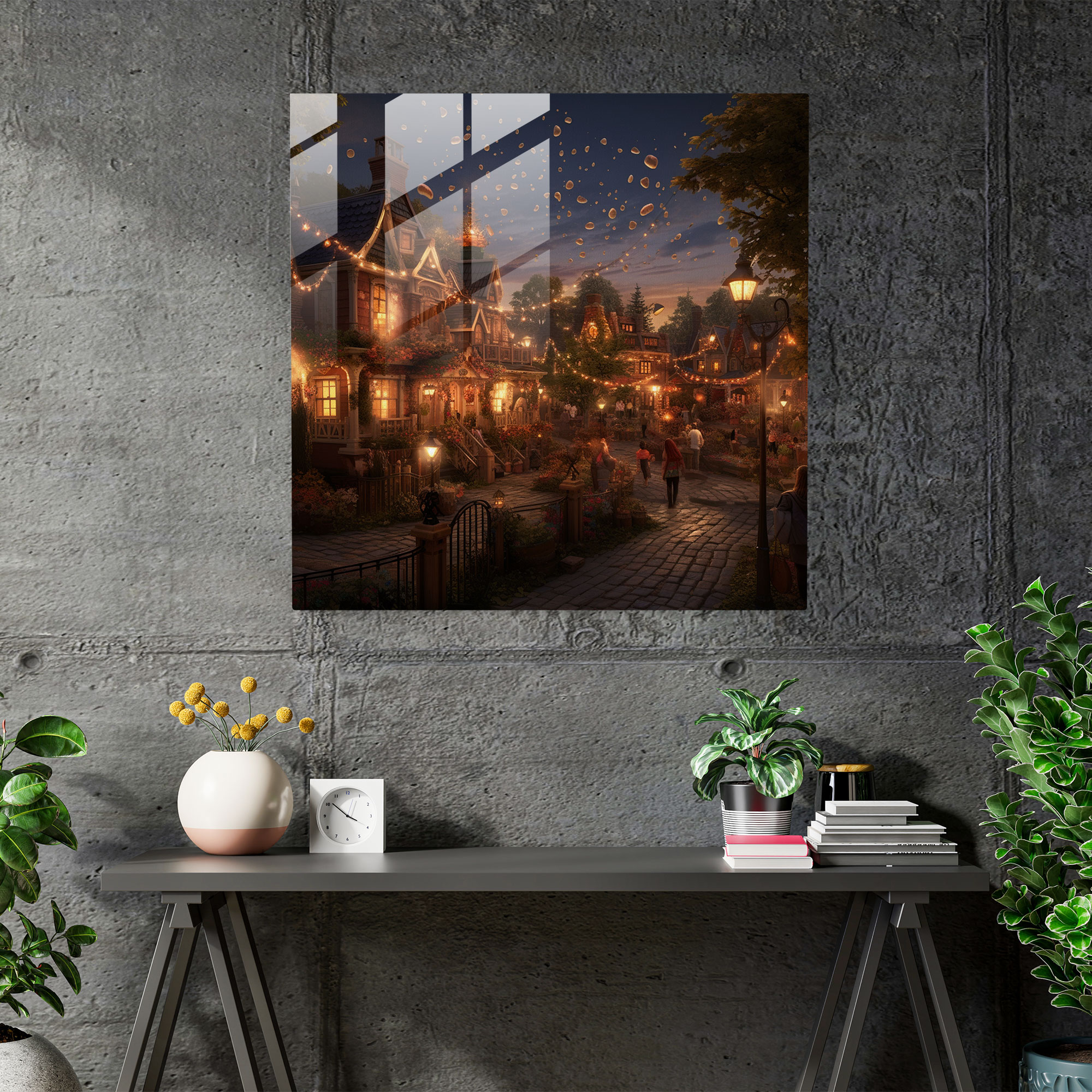 Village Twilight Glass Print - Village, Modern Art, Wall Decoration, Glass Art