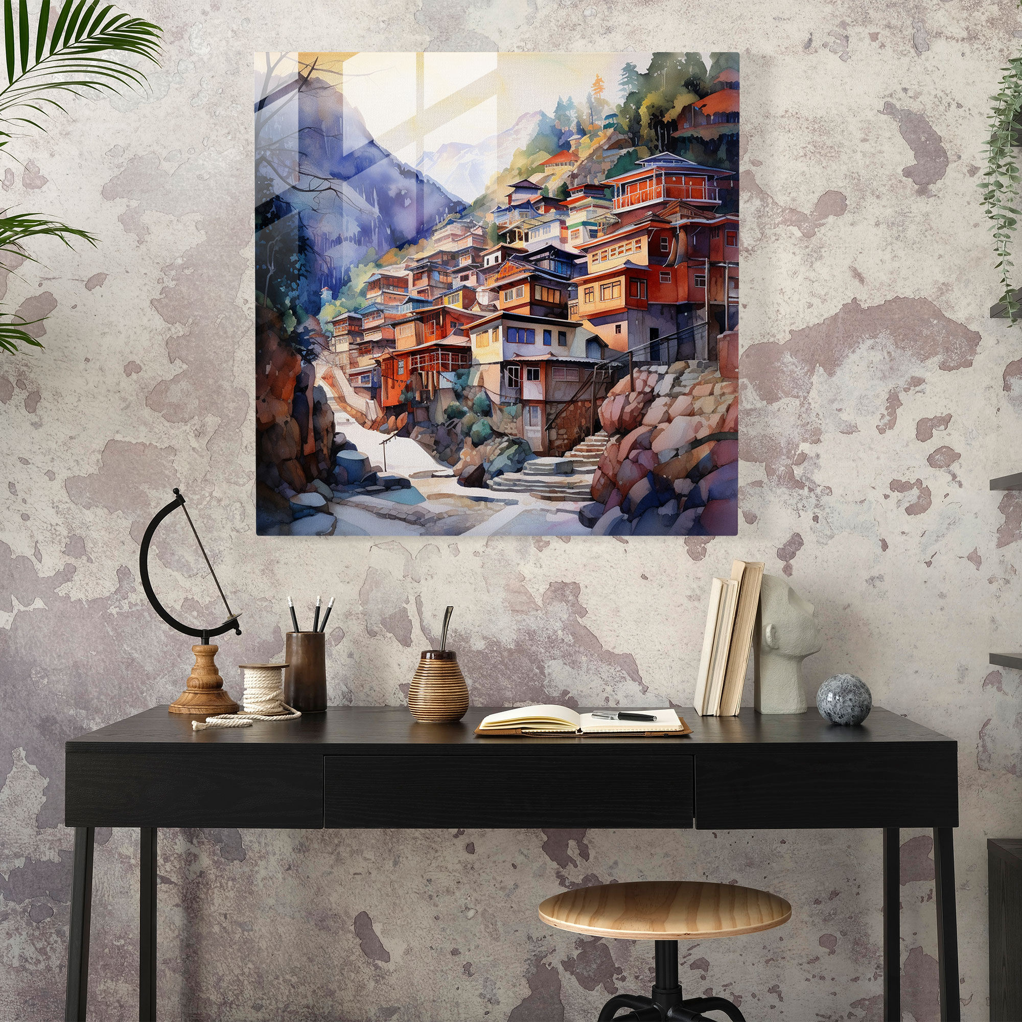 Village Watercolor Glass Print - Village, Wall Decoration, Glass Art, Glass Wall Art