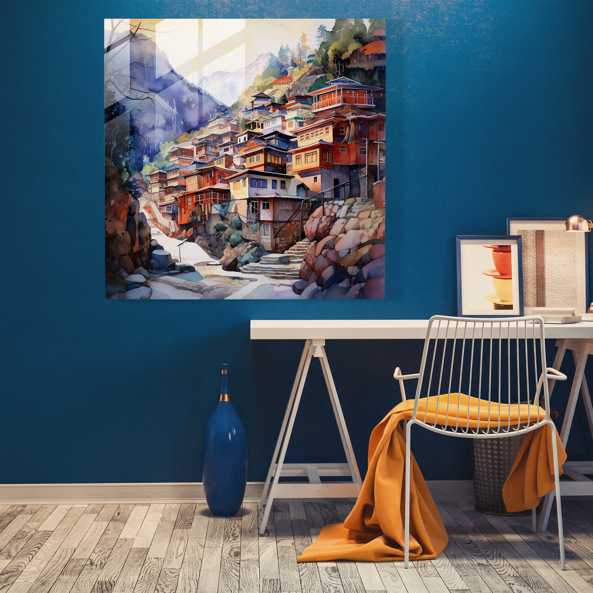 Village Watercolor Glass Print - Village, Wall Decoration, Glass Art, Glass Wall Art
