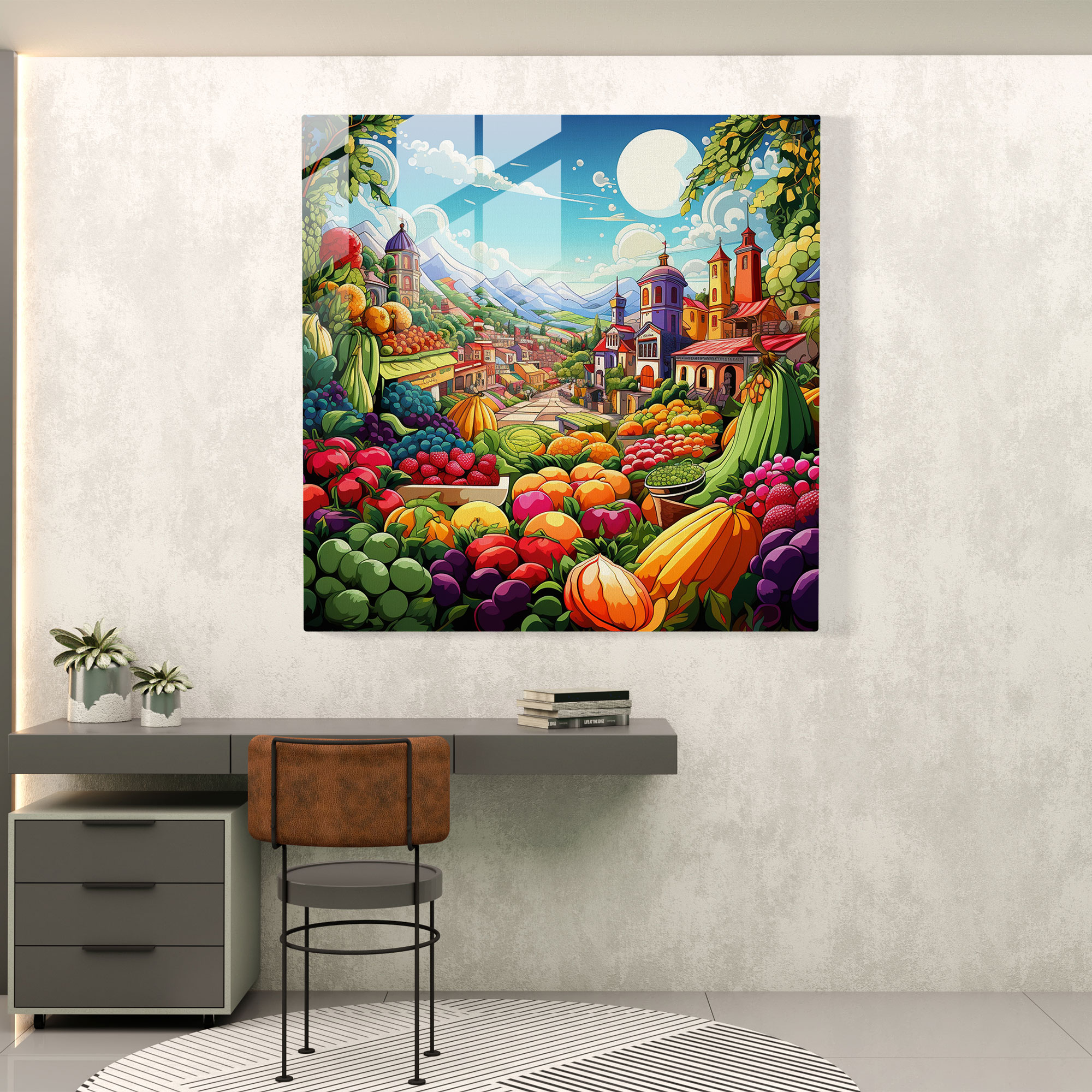 Colorful Village Market Glass Print - Village, Pop Art, Glass Wall Art, Colorful Market