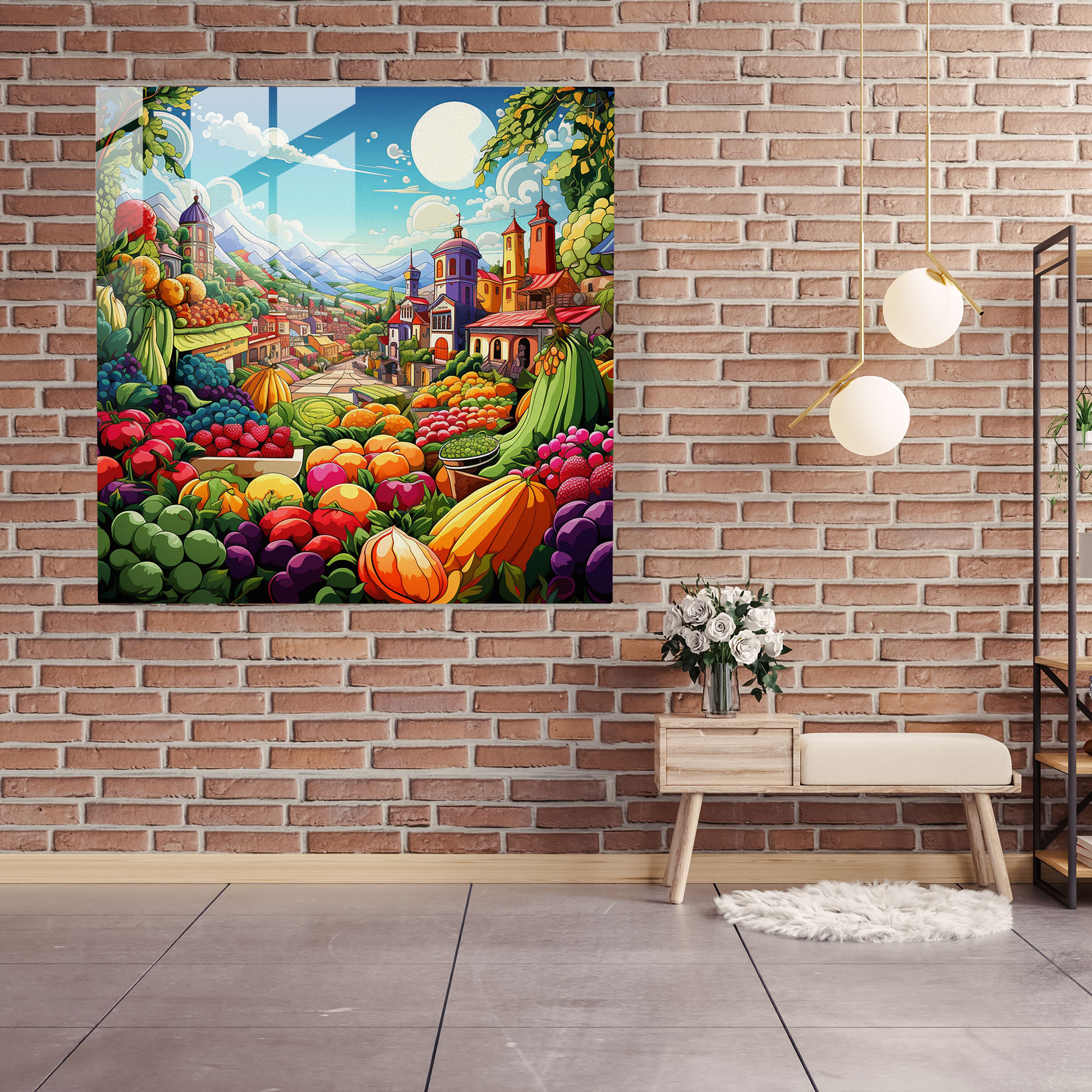 Colorful Village Market Glass Print - Village, Pop Art, Glass Wall Art, Colorful Market