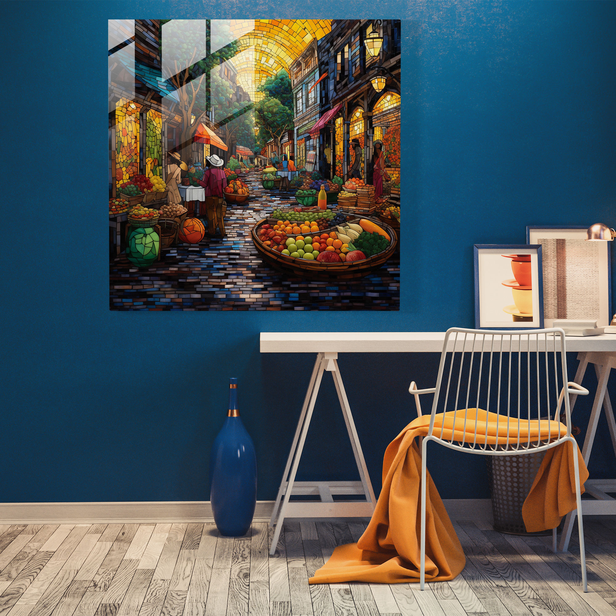 Vibrant Village Market Glass Print - Village, Market, Home Decoration, Glass Art