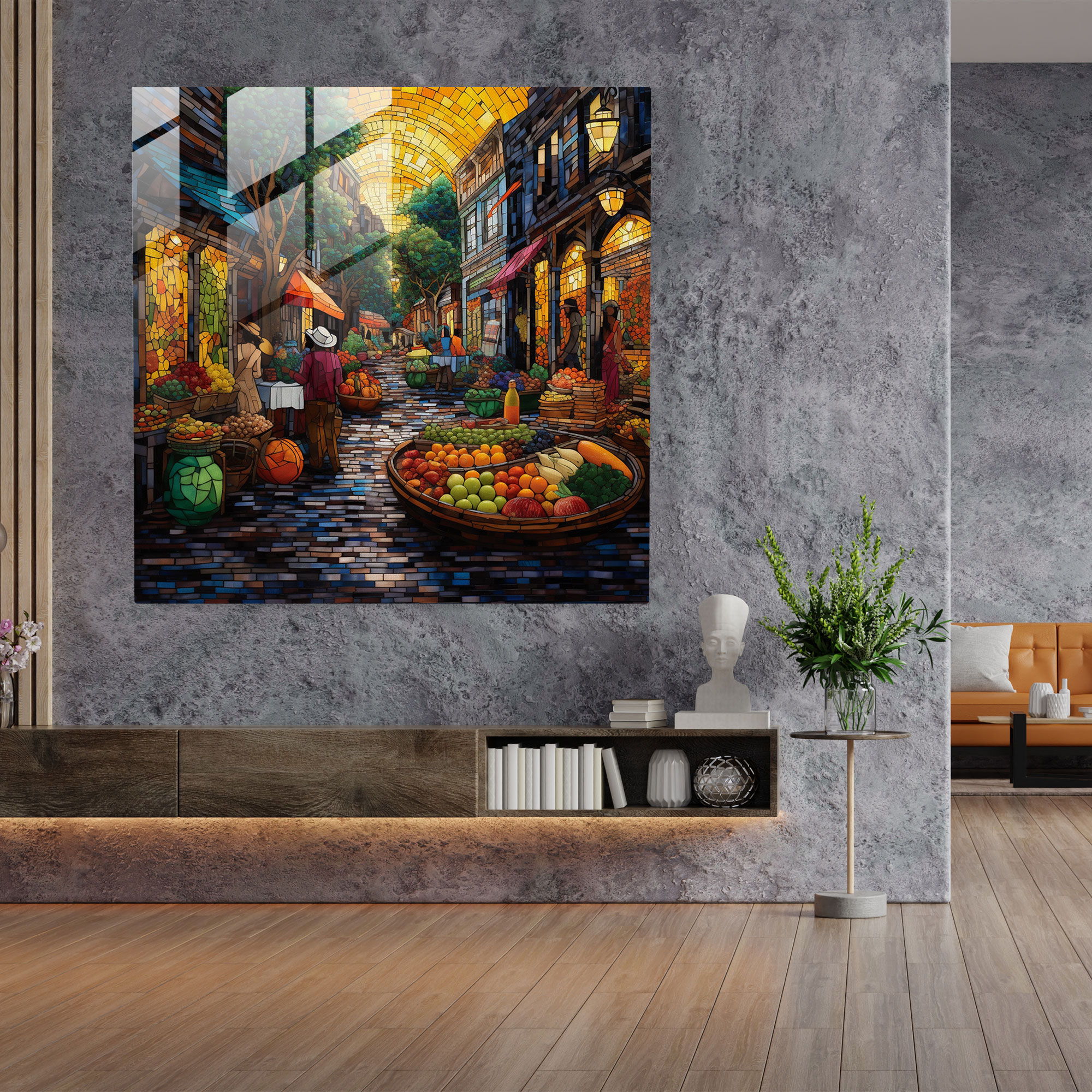 Vibrant Village Market Glass Print - Village, Market, Home Decoration, Glass Art