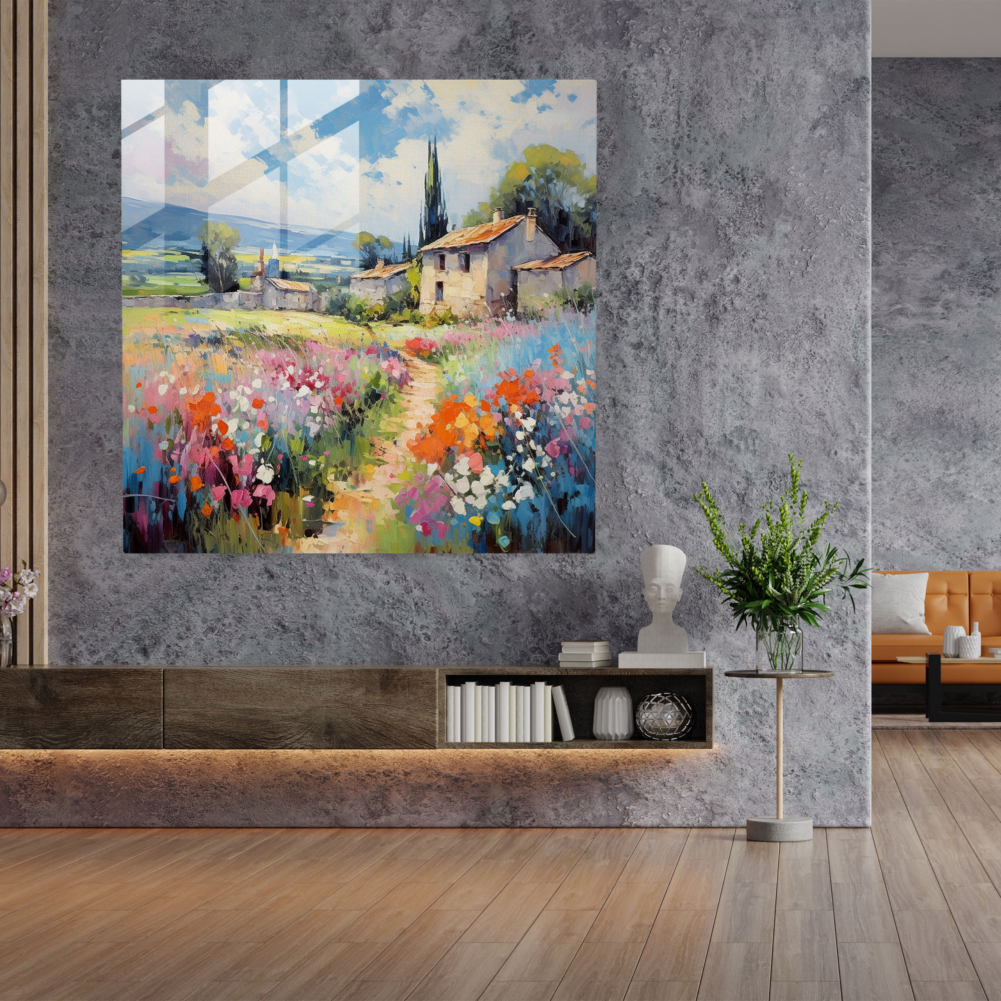 Blooming Village Landscape Glass Print - Village, Modern Art, Glass Art, Wall Decoration