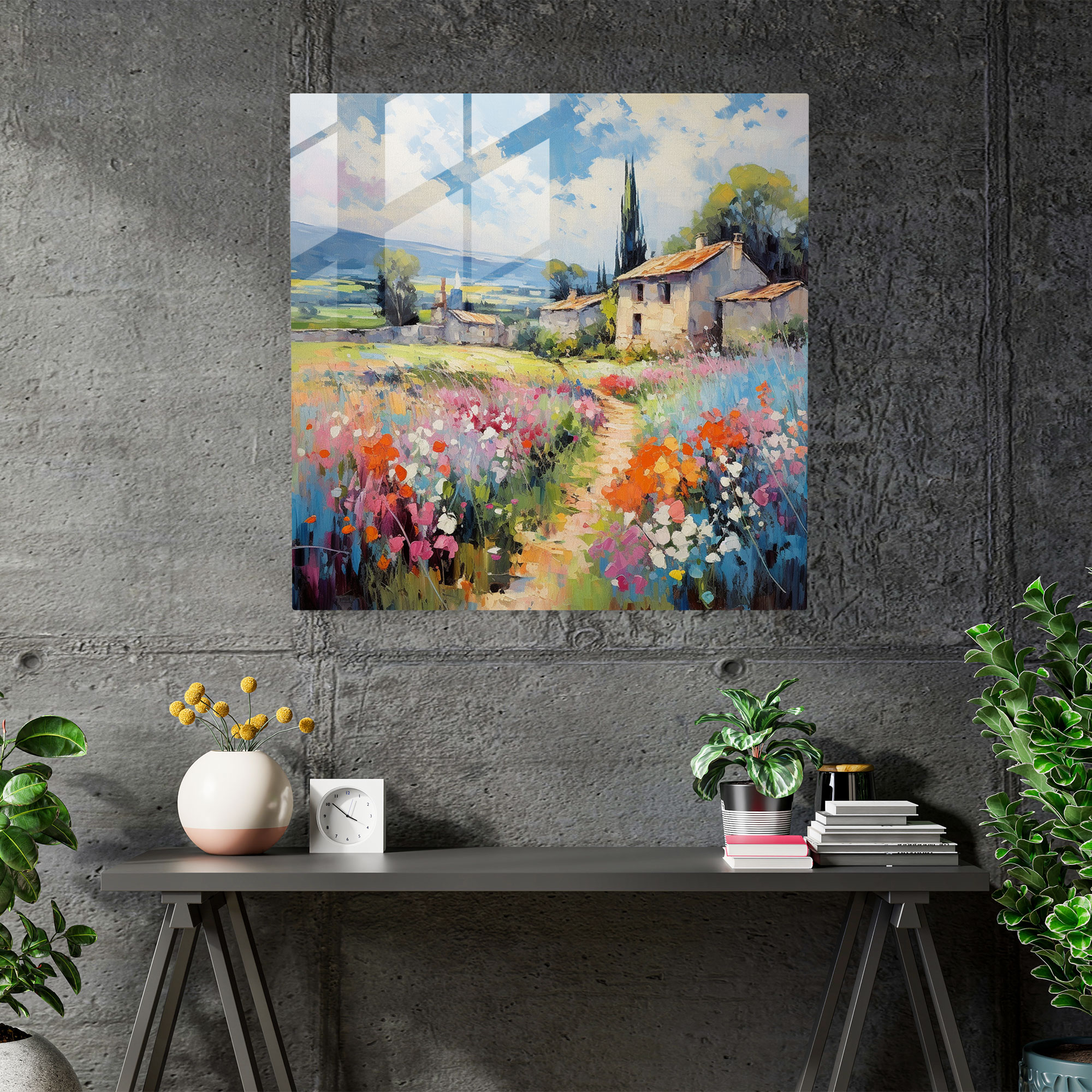 Blooming Village Landscape Glass Print - Village, Modern Art, Glass Art, Wall Decoration