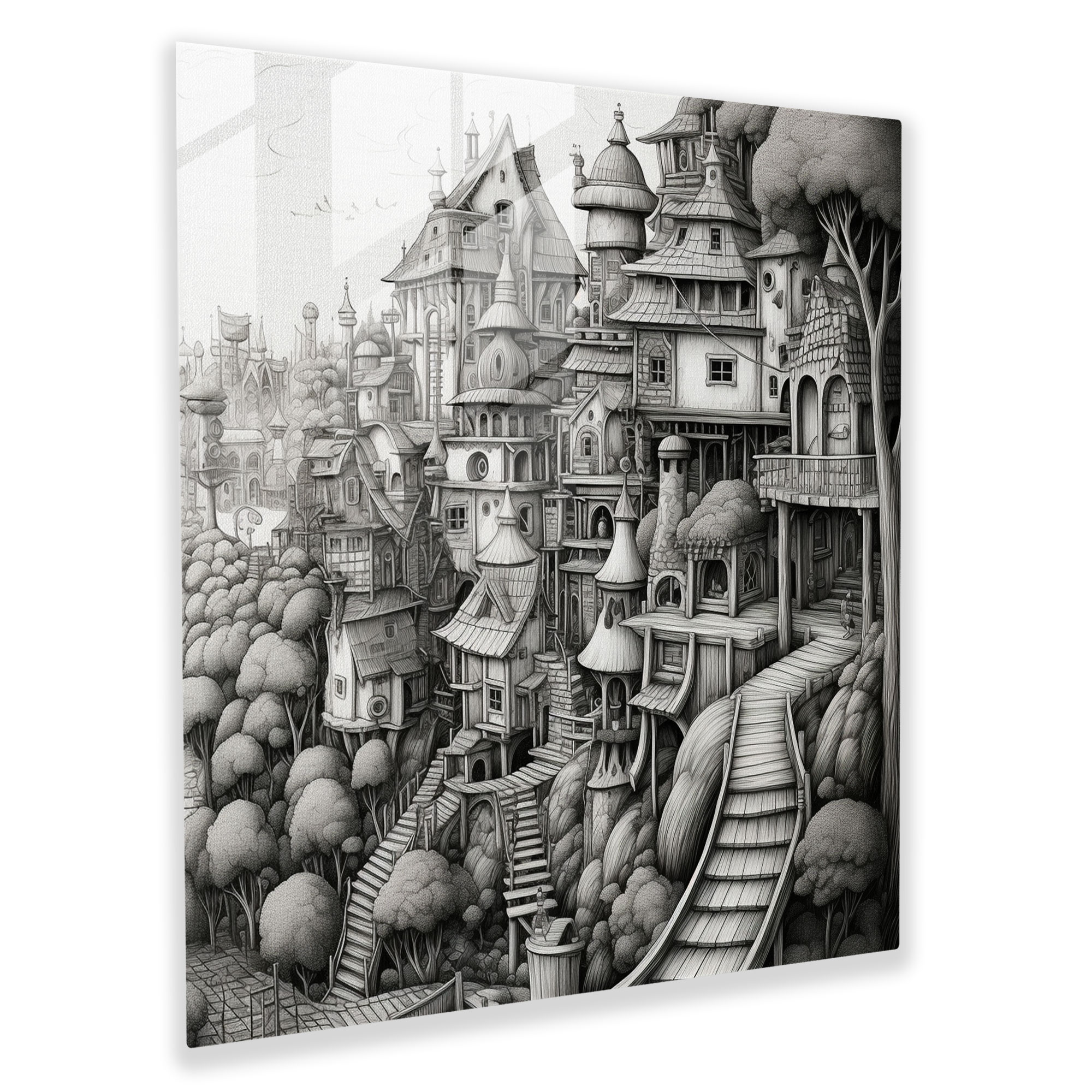 Hayalperest Köy İnce Çizgili Cam Tablo - Köy Hayalperest Modern Sanat İnce Çizim