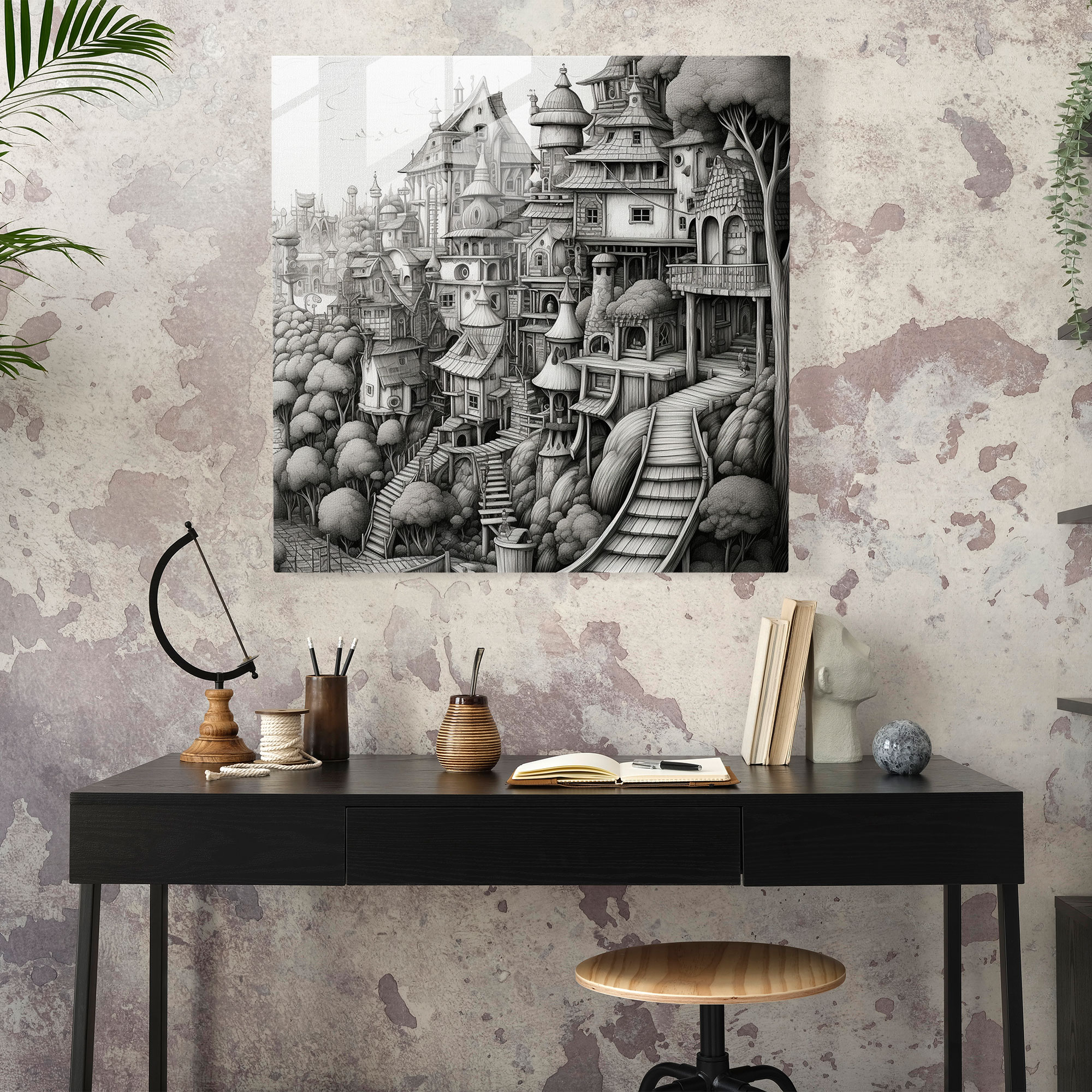 Hayalperest Köy İnce Çizgili Cam Tablo - Köy Hayalperest Modern Sanat İnce Çizim