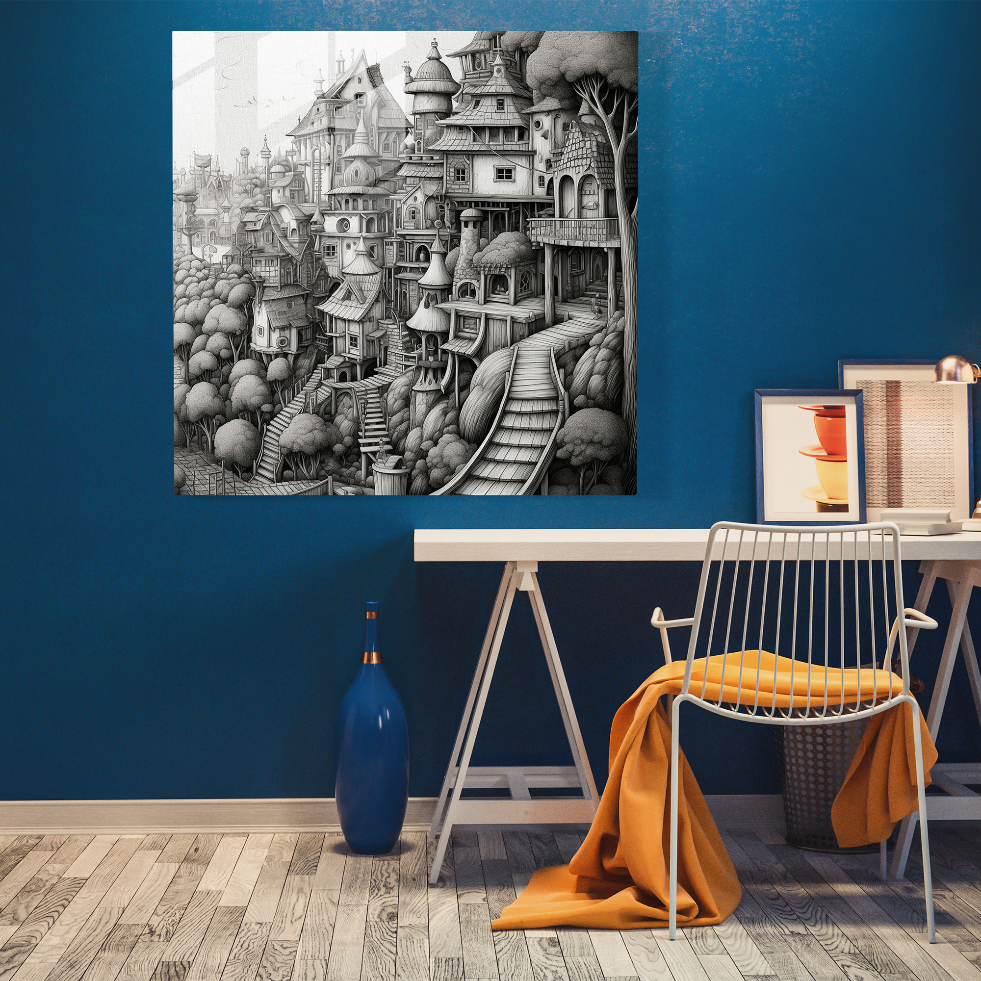 Hayalperest Köy İnce Çizgili Cam Tablo - Köy Hayalperest Modern Sanat İnce Çizim
