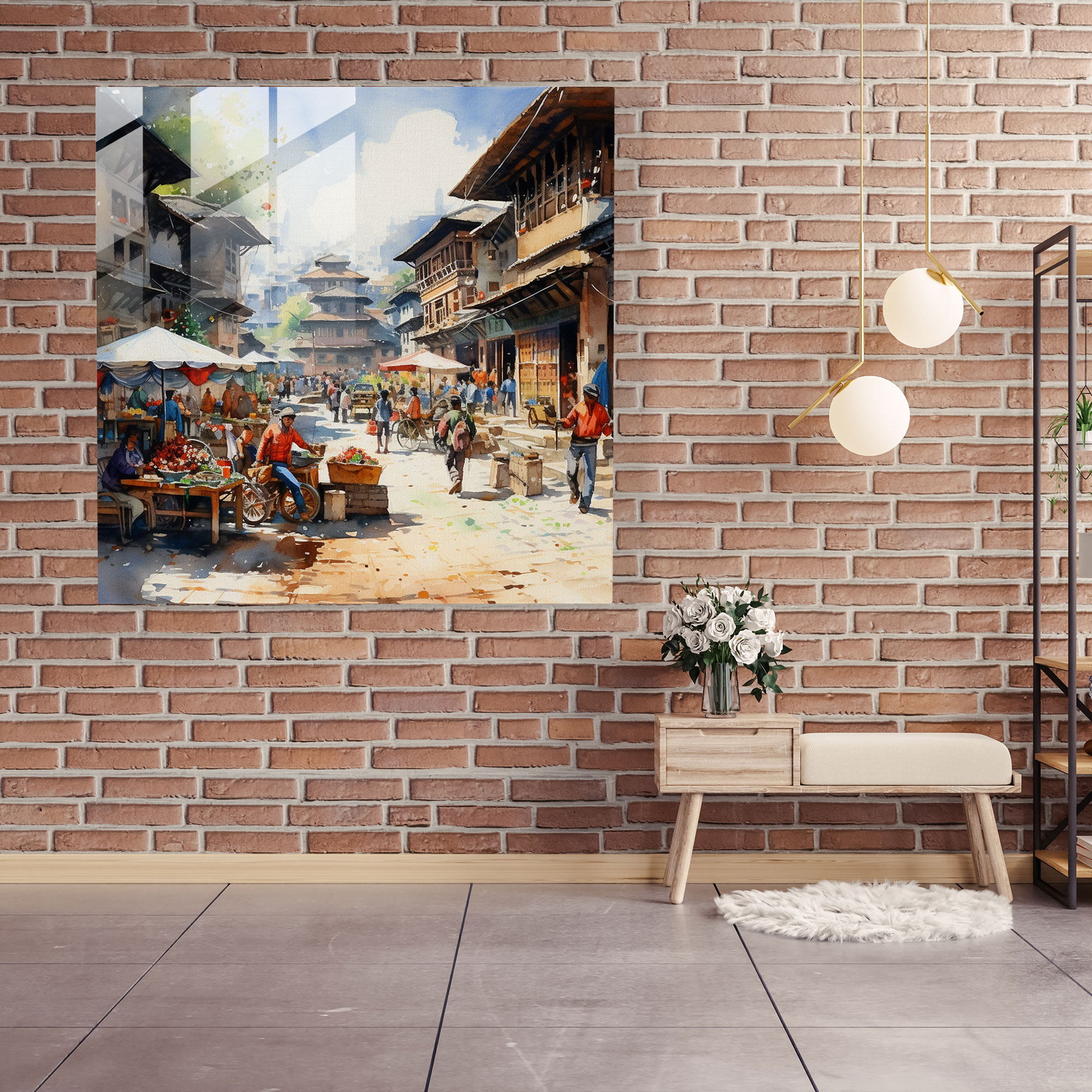 Village Market Square - Glass Print - Village, Traditional Art, Glass Art, Glass Print