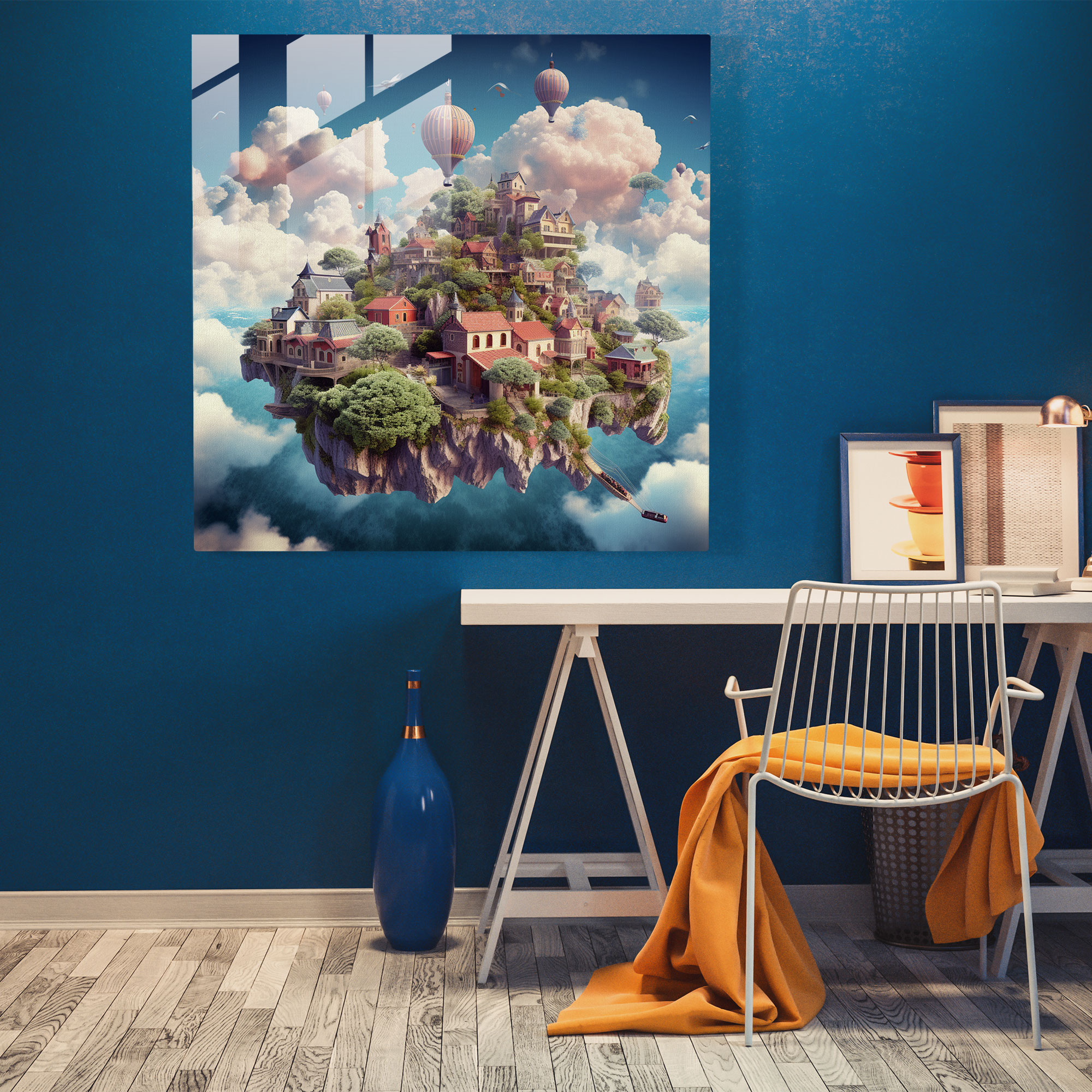 Cloud Village - Glass Print - Village, Surreal Digital Collage, Surreal Colors, Modern Art