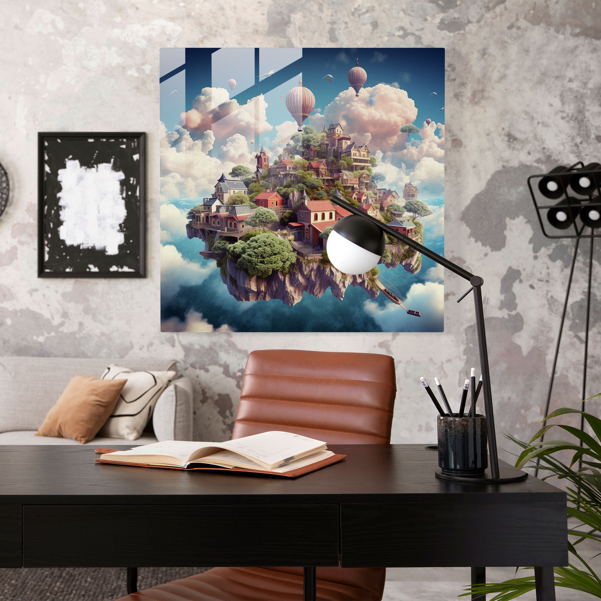 Cloud Village - Glass Print - Village, Surreal Digital Collage, Surreal Colors, Modern Art