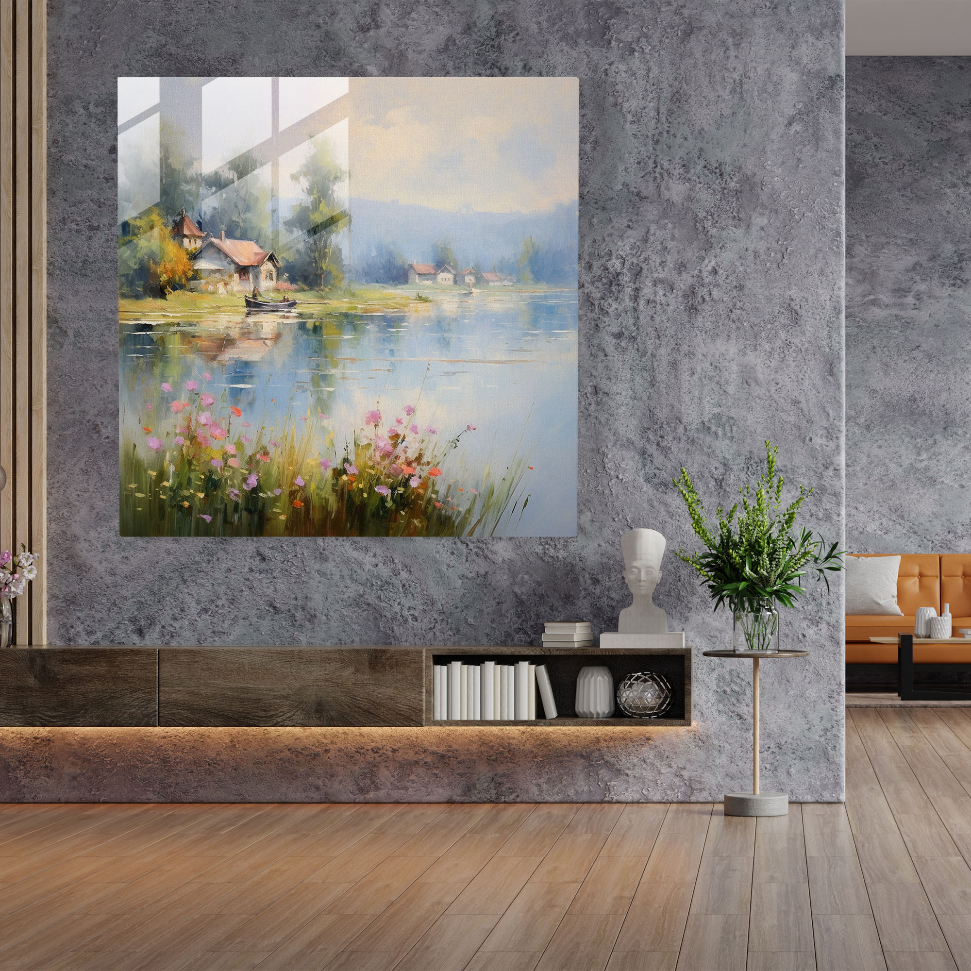 Dingin Göl Kenarı Köyü - Cam Tablo - Köy Modern Sanat Duvar Dekorasyonu