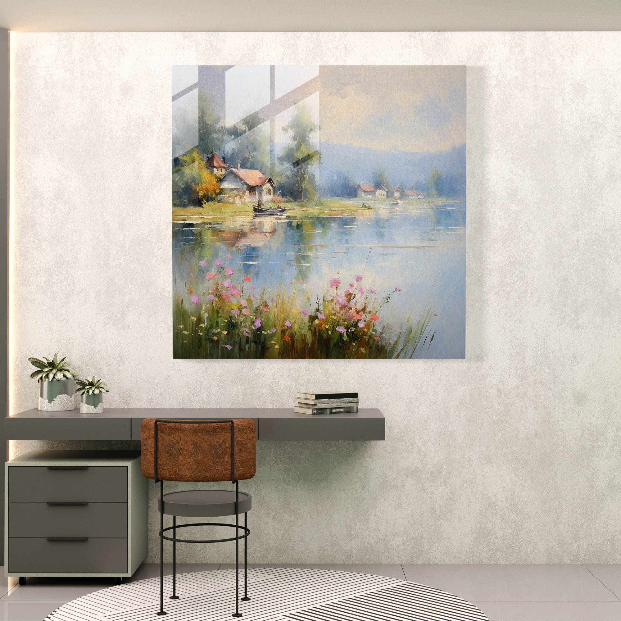 Dingin Göl Kenarı Köyü - Cam Tablo - Köy Modern Sanat Duvar Dekorasyonu