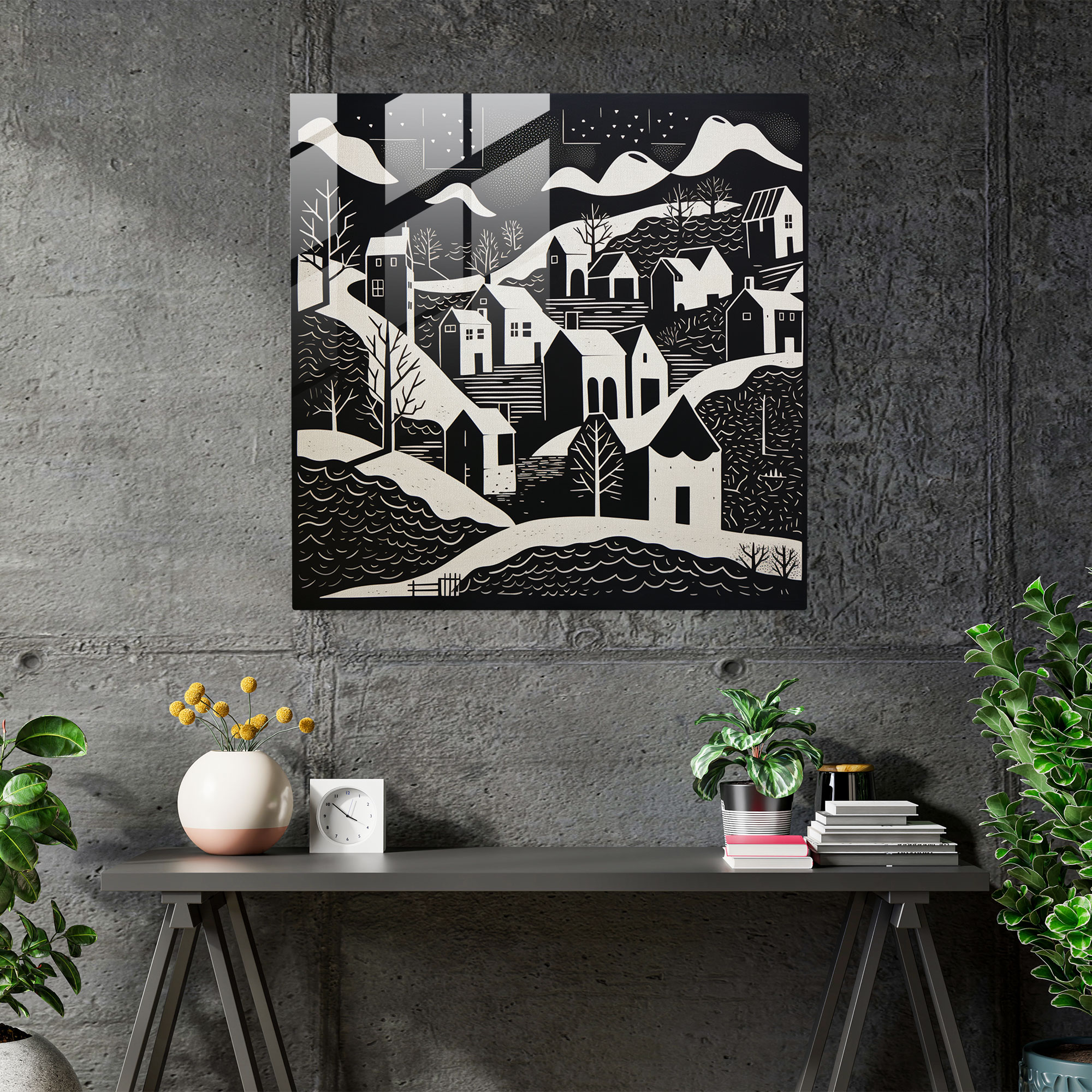Silhouette Village - Glass Print - Village, Village, Wall Decoration, Clean Lines