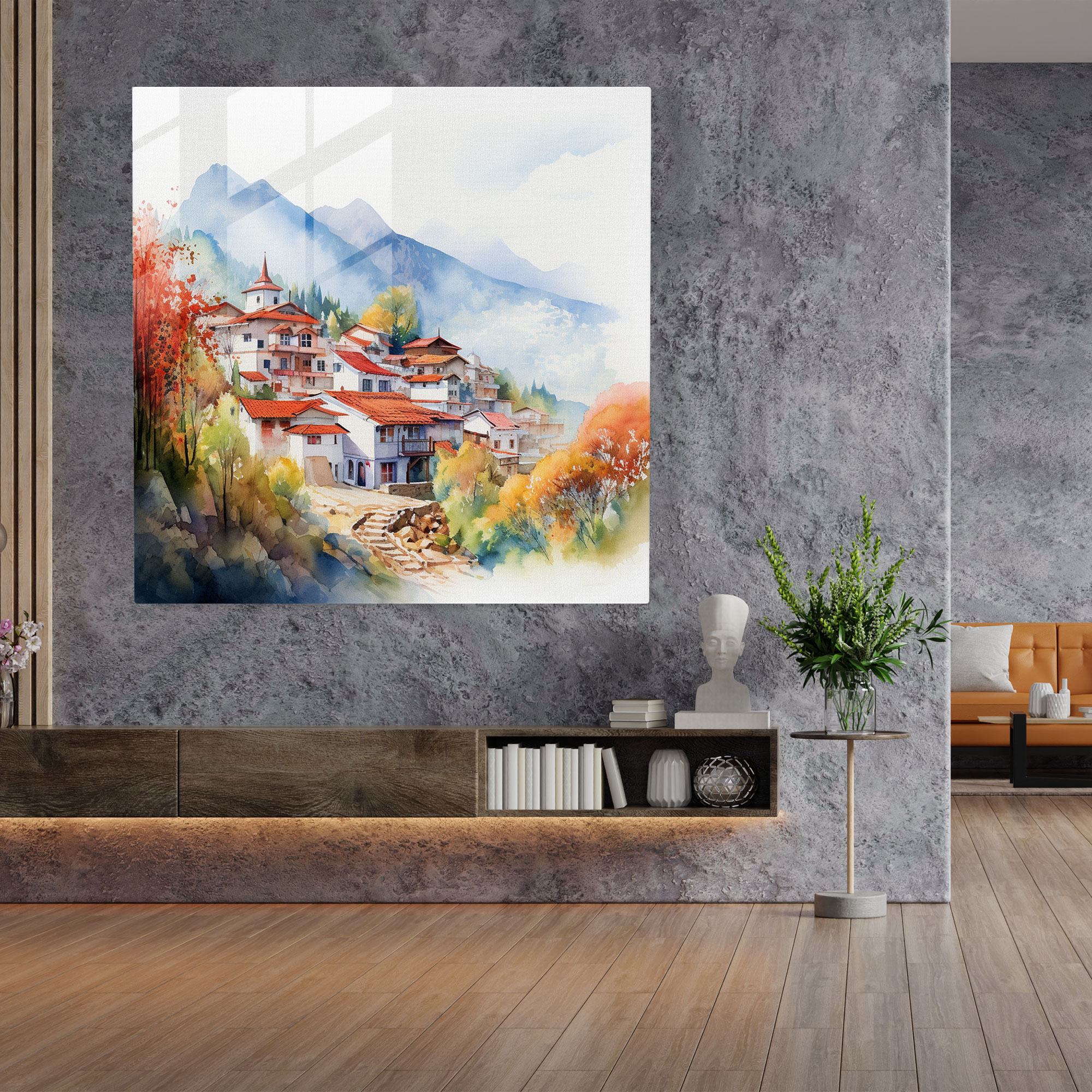 Village Watercolor Glass Print - Village, Mountains, Glass Wall Art, Wall Decoration