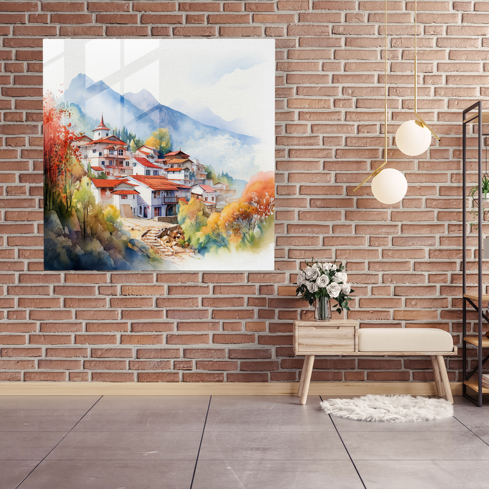Village Watercolor Glass Print - Village, Mountains, Glass Wall Art, Wall Decoration