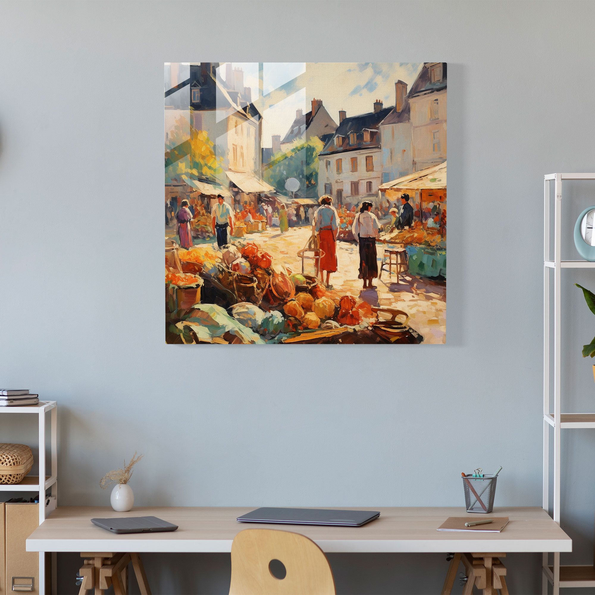 Vibrant Village Market Glass Print - Village, Modern Art, Wall Decoration, Impressionist Oil Painting