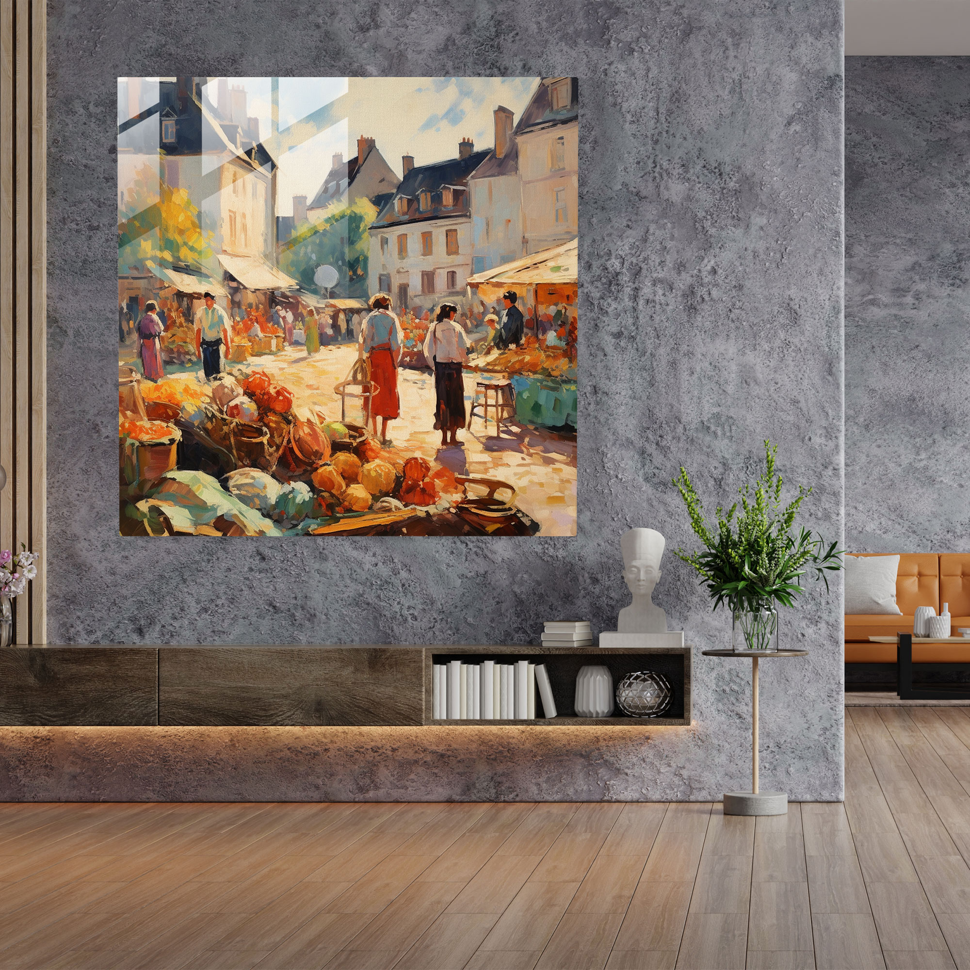 Vibrant Village Market Glass Print - Village, Modern Art, Wall Decoration, Impressionist Oil Painting