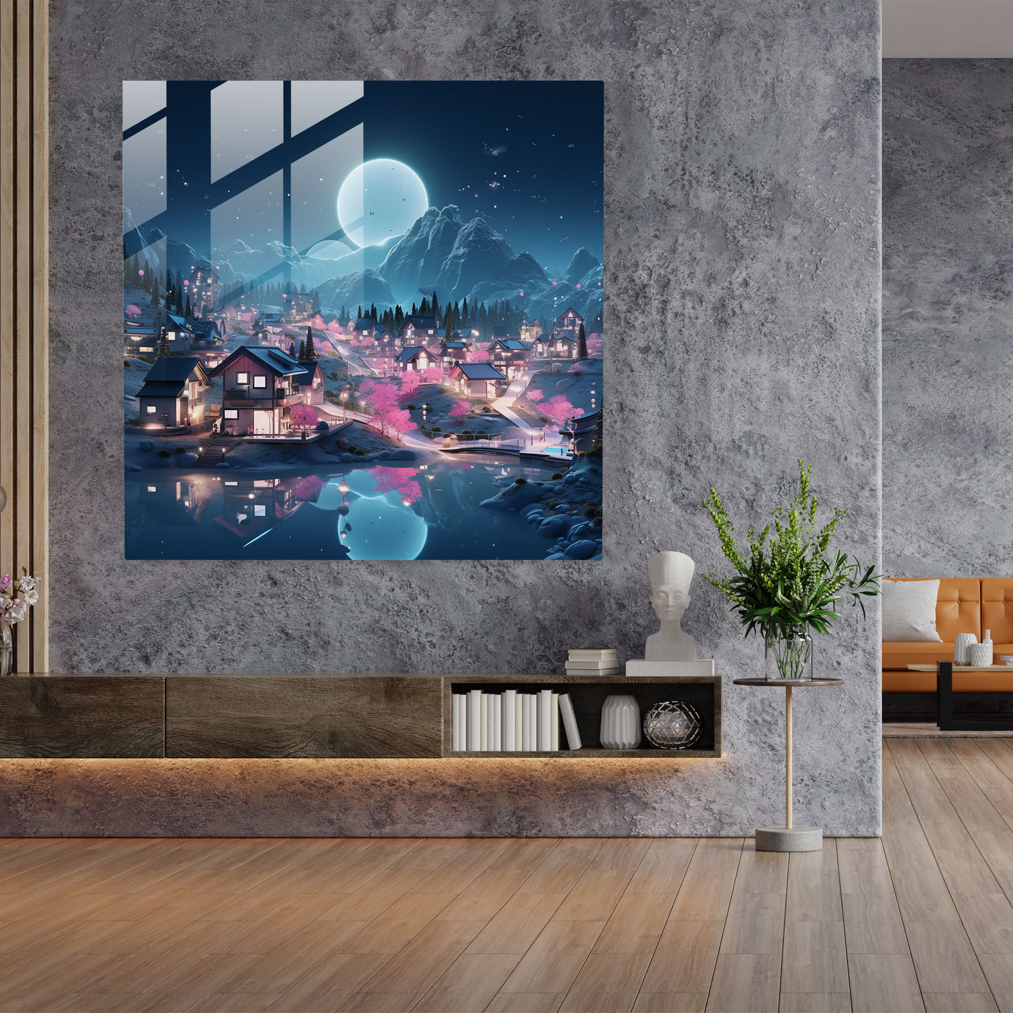 Gelecekten Esinlenen Neon Köy Cam Tablo - Köy Neon Işıklar Duvar Dekorasyonu Dijital İllüstrasyon