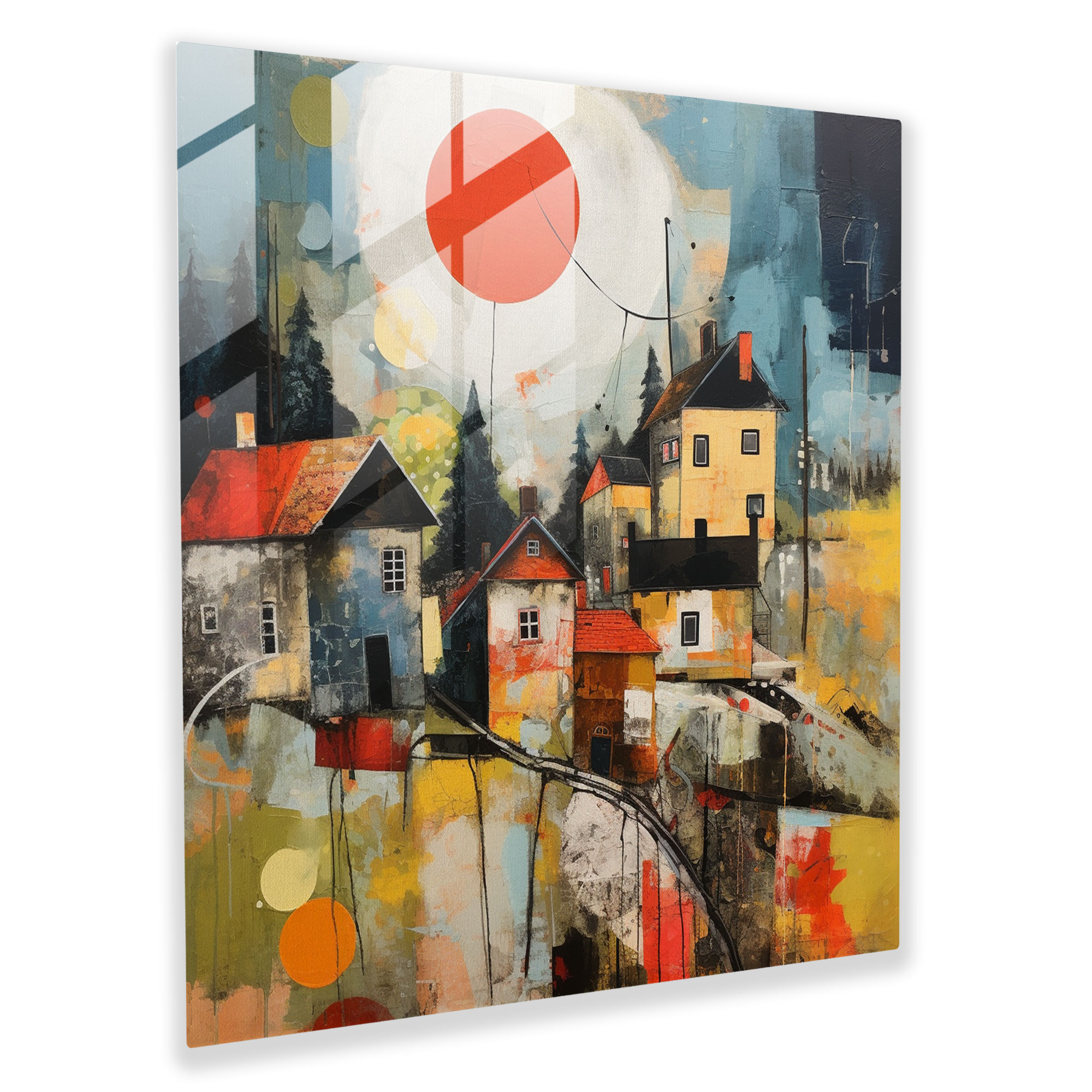Vibrant Mixed Media Village Glass Print - Village, Village, Modern Art, Glass Wall Art