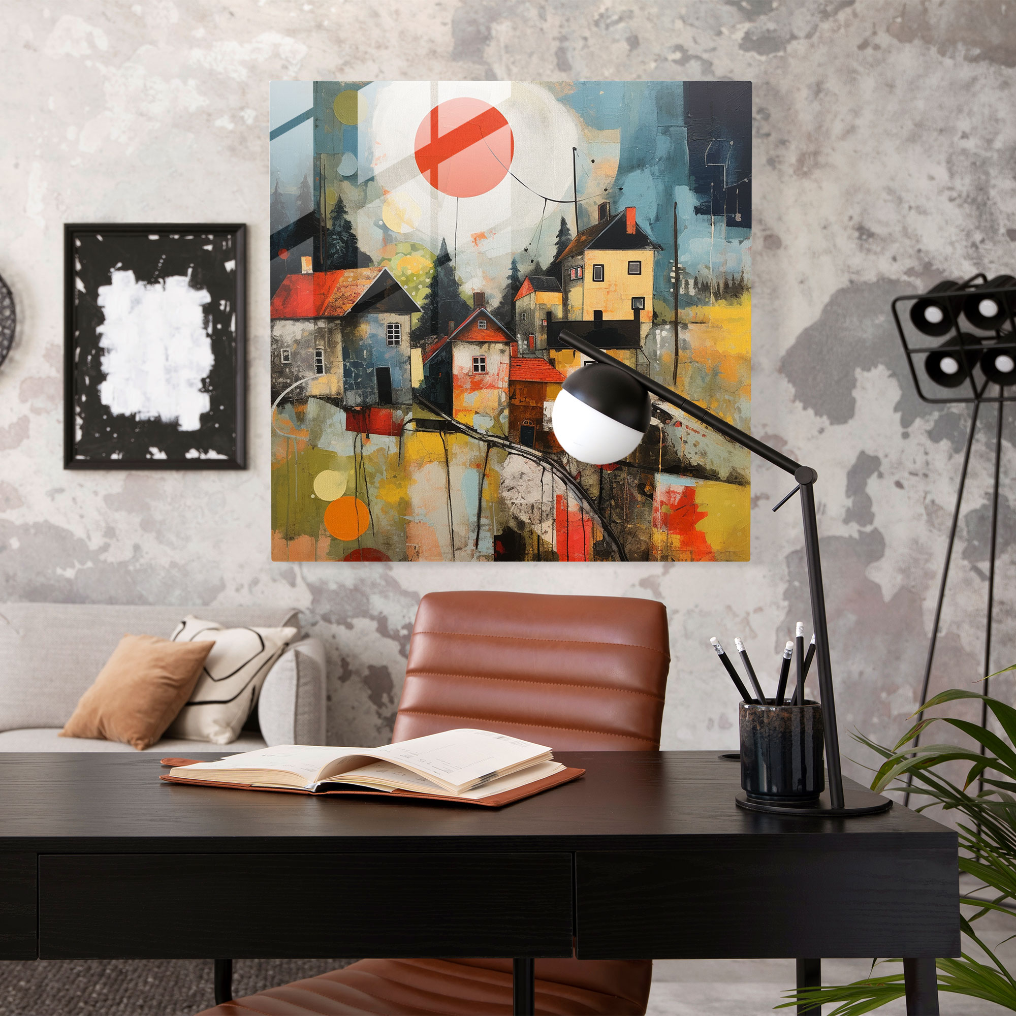 Vibrant Mixed Media Village Glass Print - Village, Village, Modern Art, Glass Wall Art