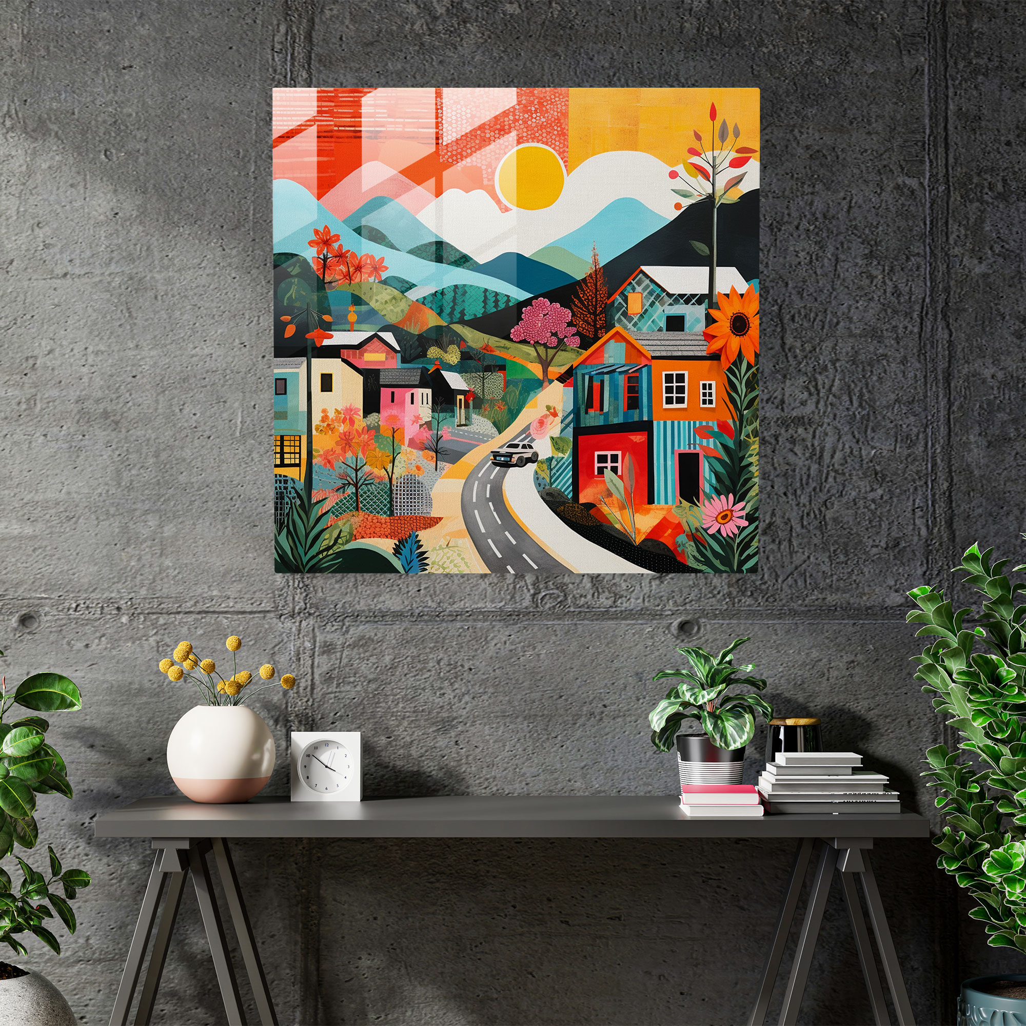 Colorful Pop Art Village Glass Print - Village, Playful Compositions, Glass Art, Wall Decoration