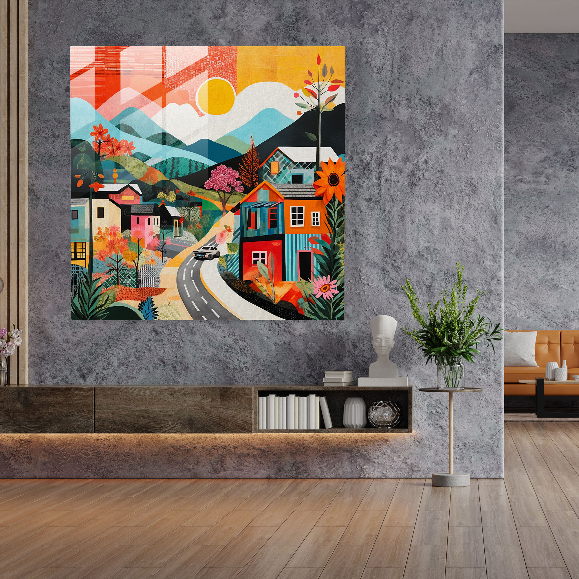 Colorful Pop Art Village Glass Print - Village, Playful Compositions, Glass Art, Wall Decoration