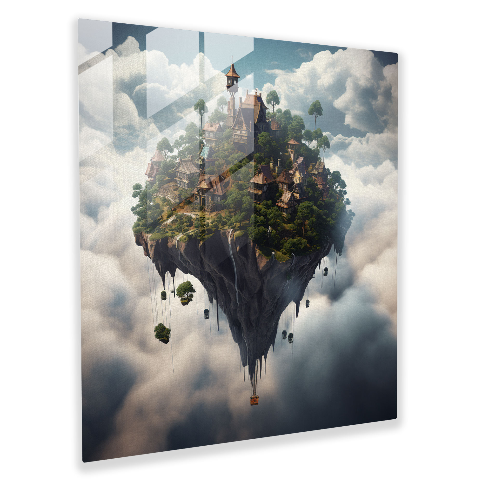 Skyward Village Glass Print - Village, Floating Village, Glass Wall Art, Glass Print