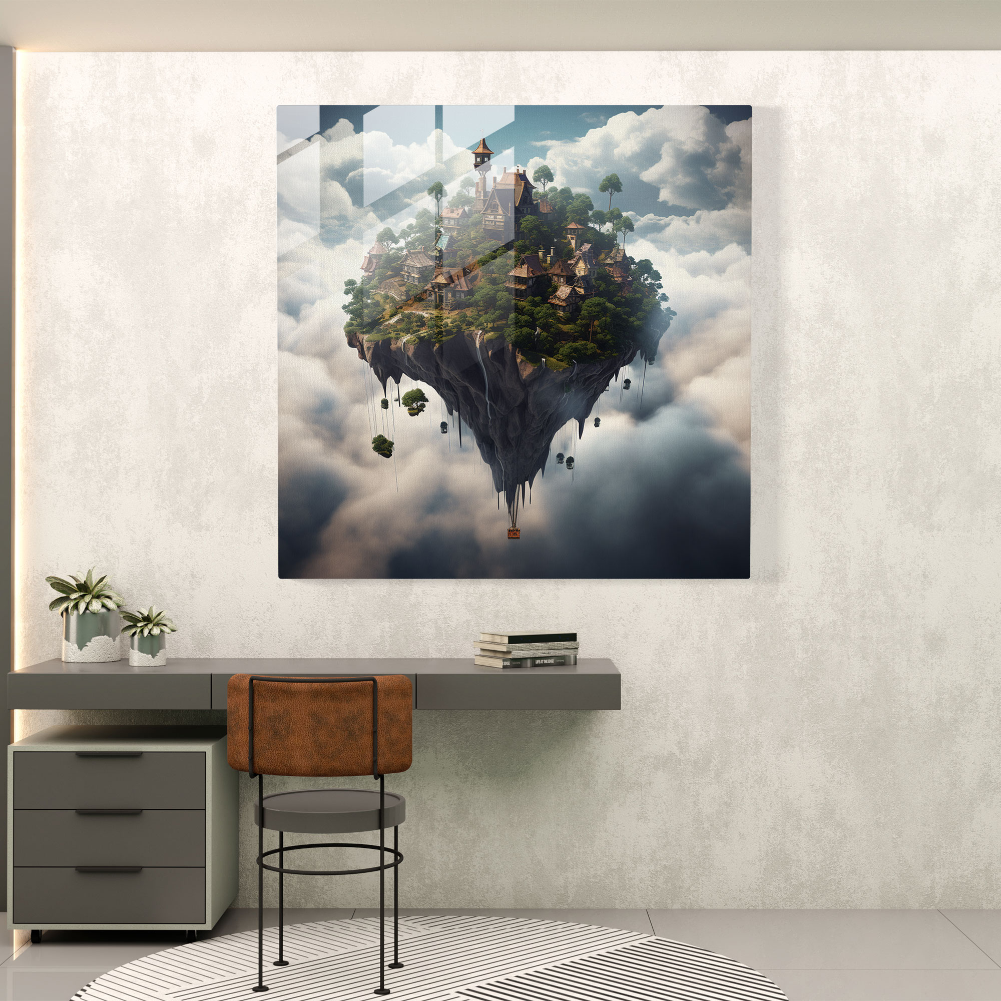Skyward Village Glass Print - Village, Floating Village, Glass Wall Art, Glass Print