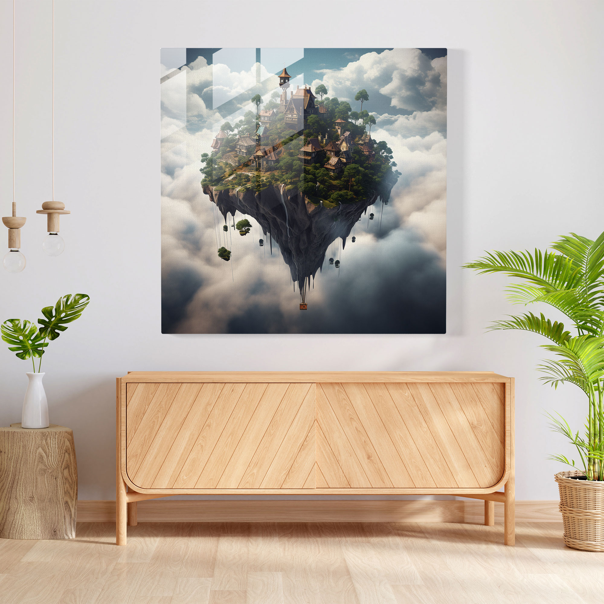 Skyward Village Glass Print - Village, Floating Village, Glass Wall Art, Glass Print