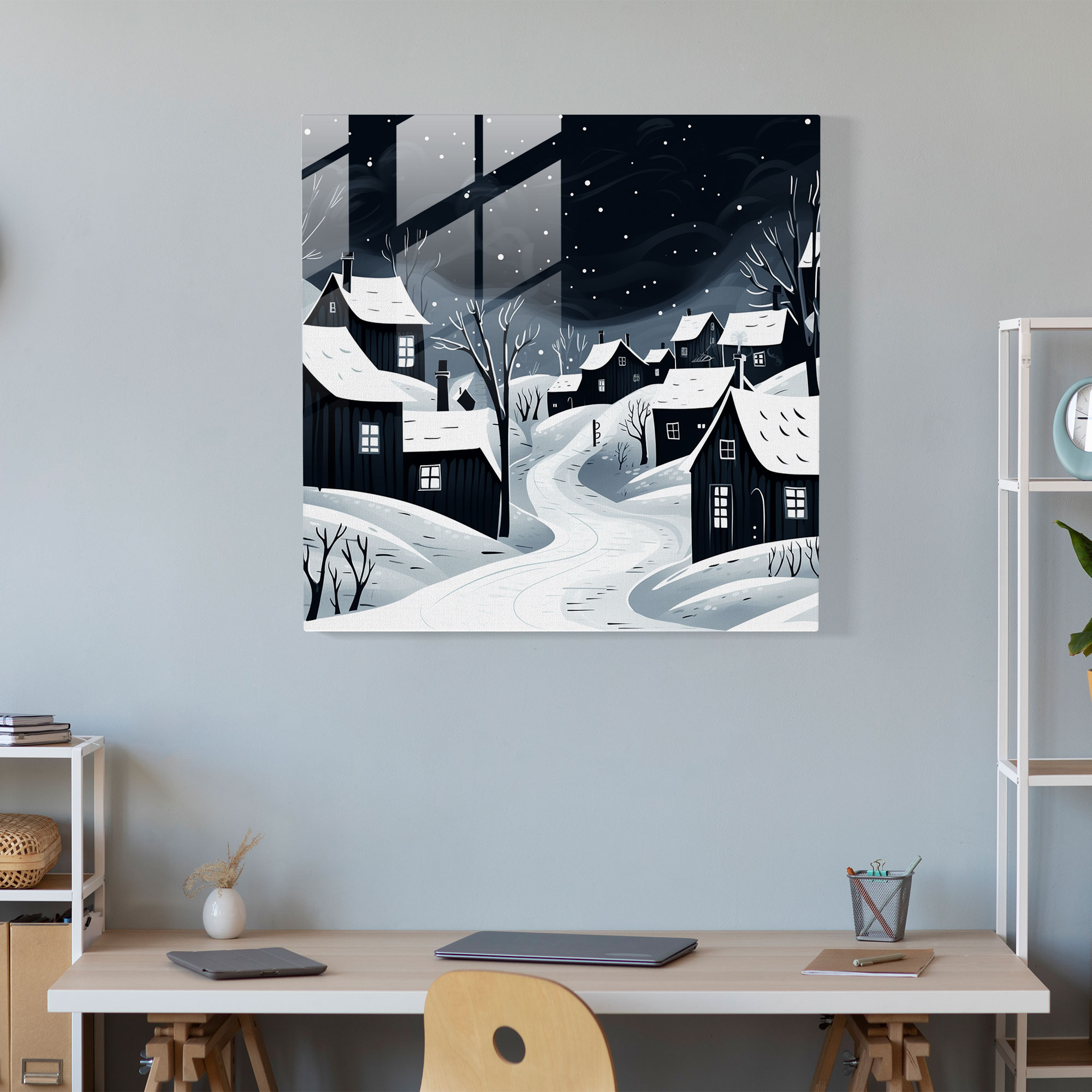 Cozy Winter Village Sketch Glass Print - Village, Glass Art, Glass Print, Winter