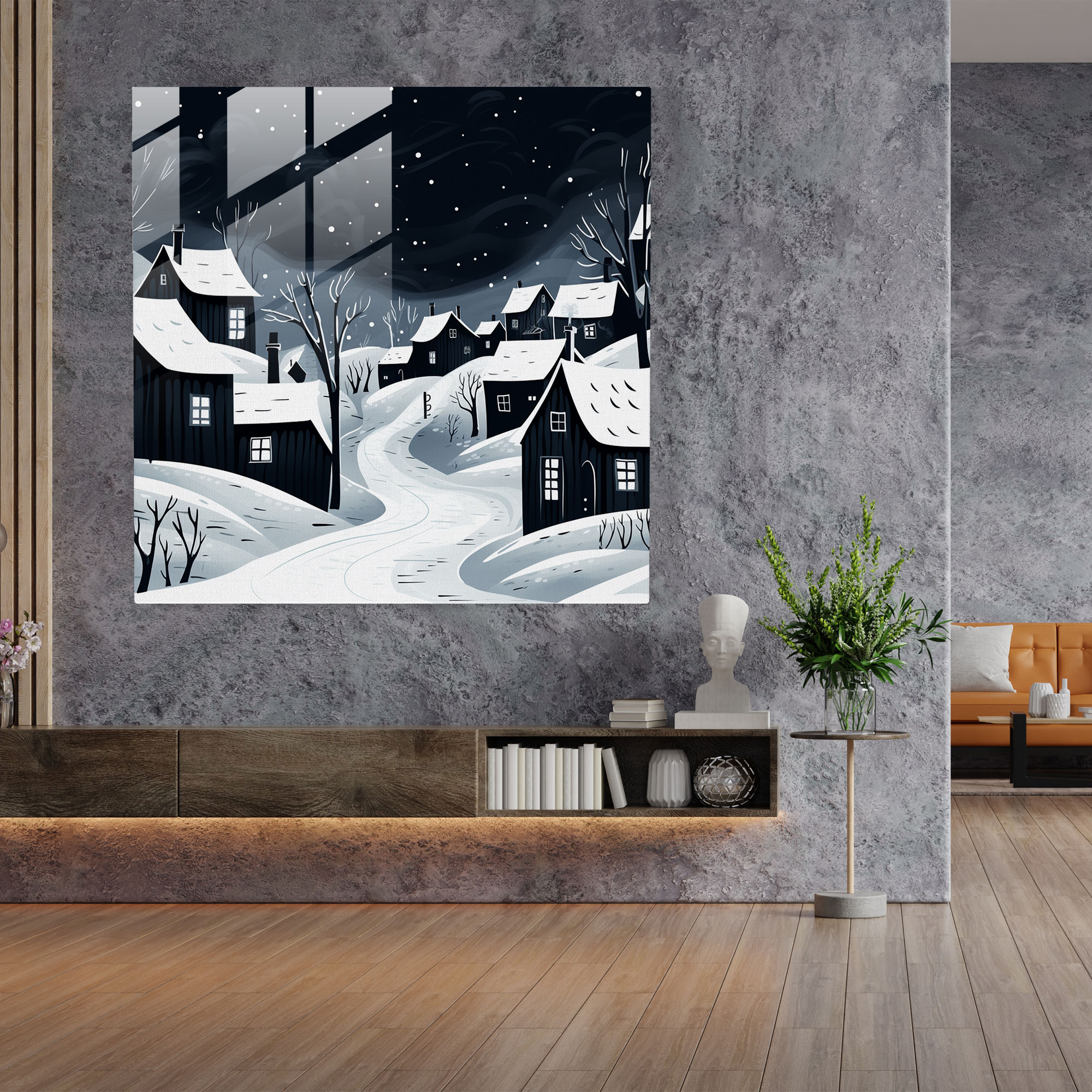 Cozy Winter Village Sketch Glass Print - Village, Glass Art, Glass Print, Winter