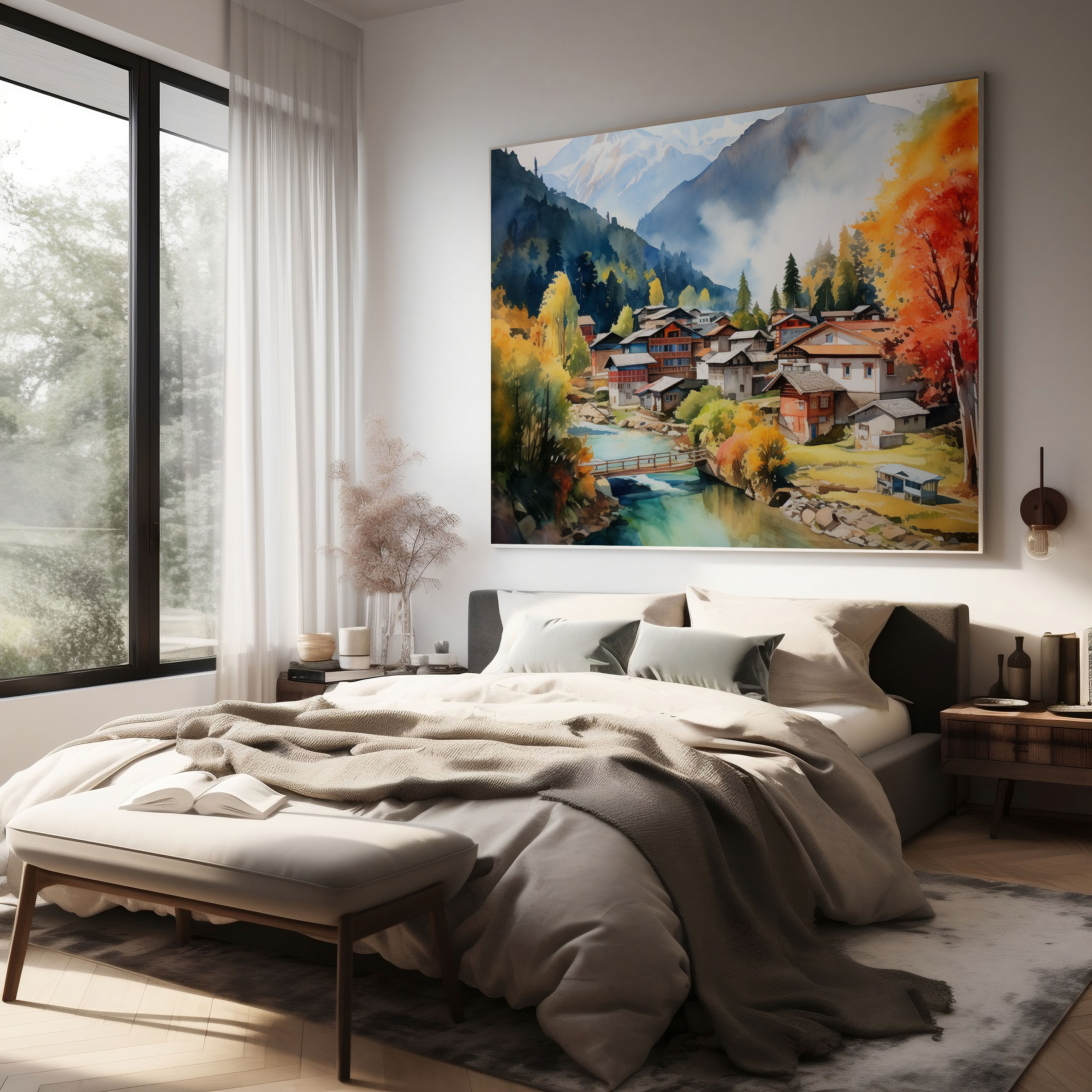 Mountain Village Watercolor Canvas Print - Village, Serene Atmosphere, Home Decoration, Village