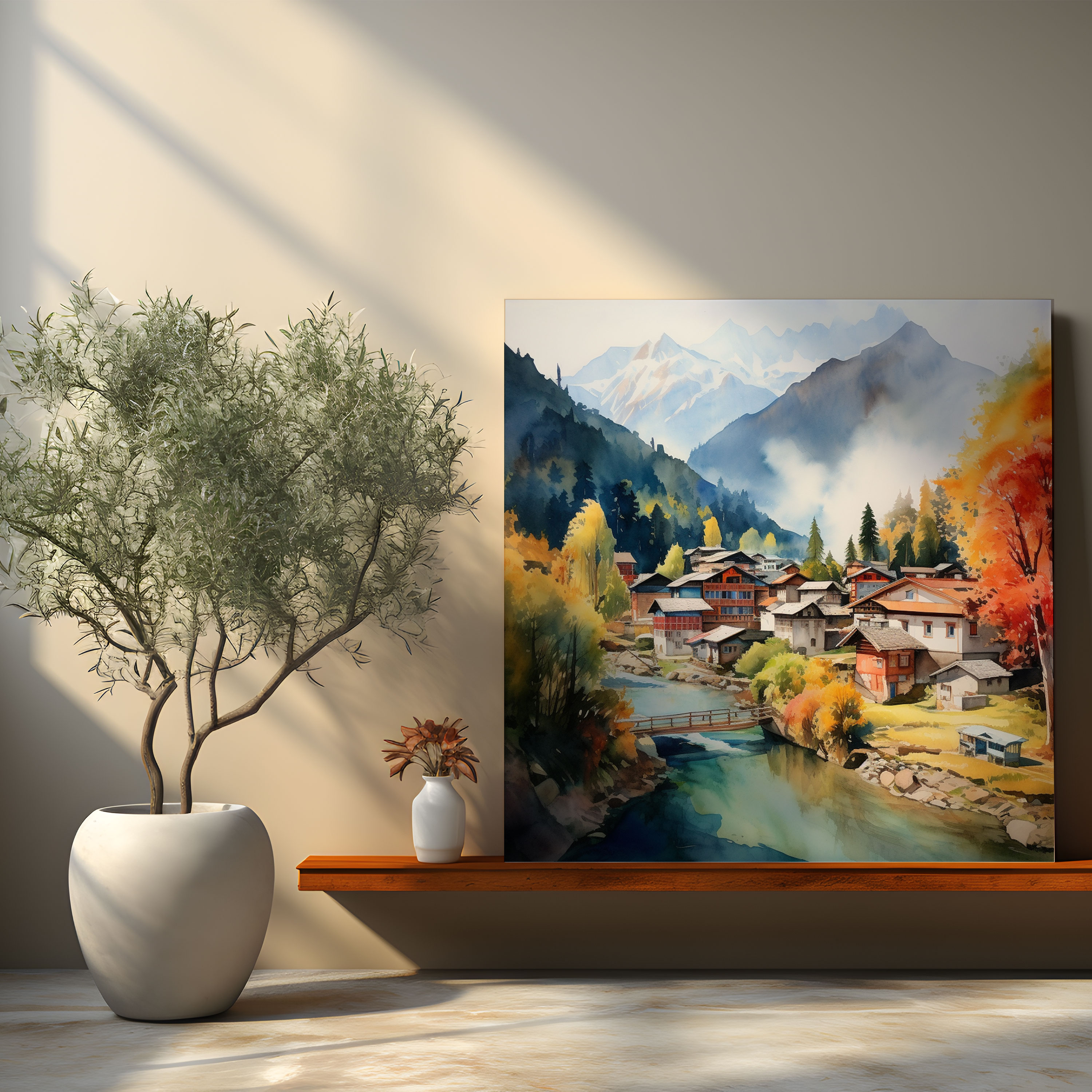 Mountain Village Watercolor Canvas Print - Village, Serene Atmosphere, Home Decoration, Village