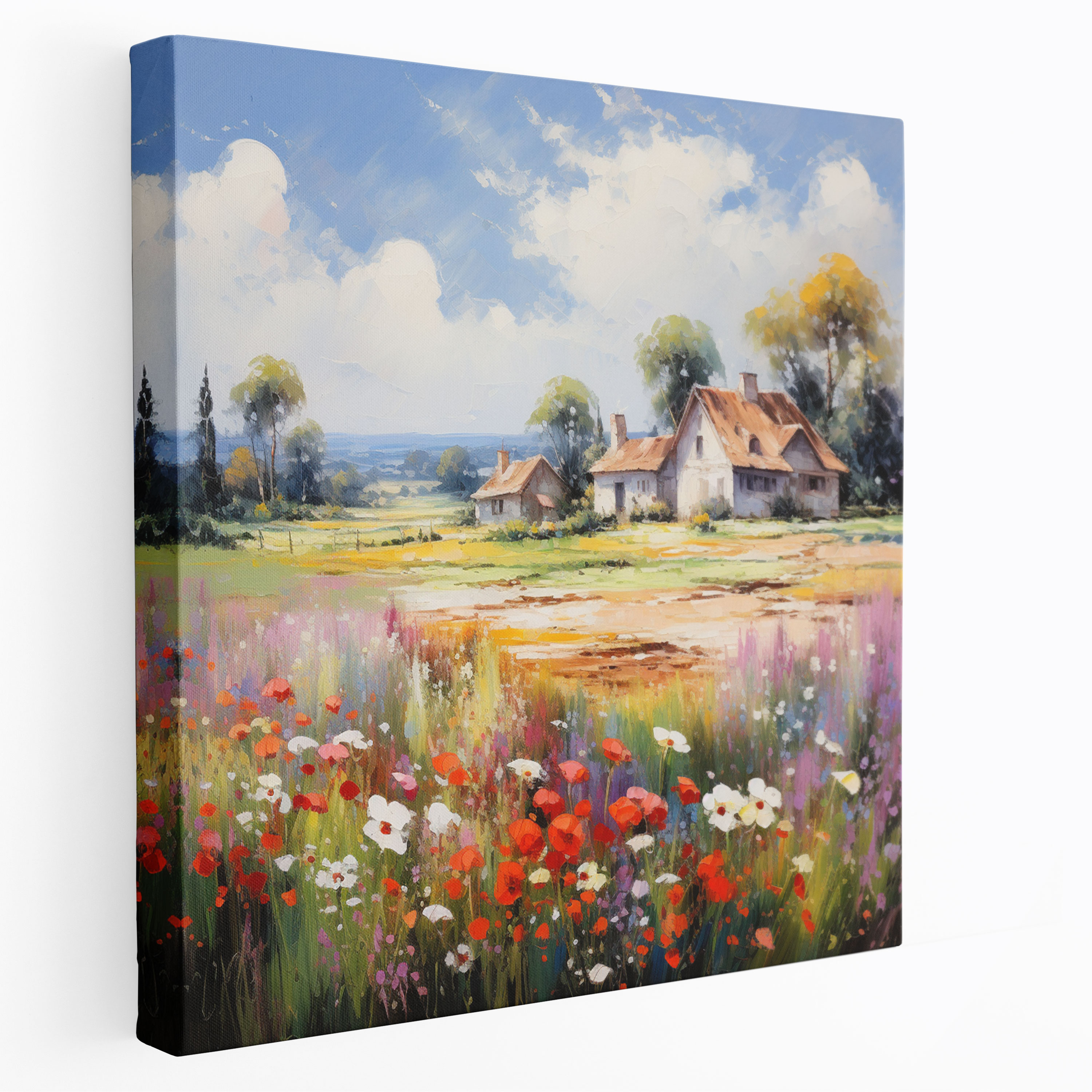 Blooming Fields Village Impressionist Canvas Print - Village, Canvas Print, Wall Art, Canvas Wall Art