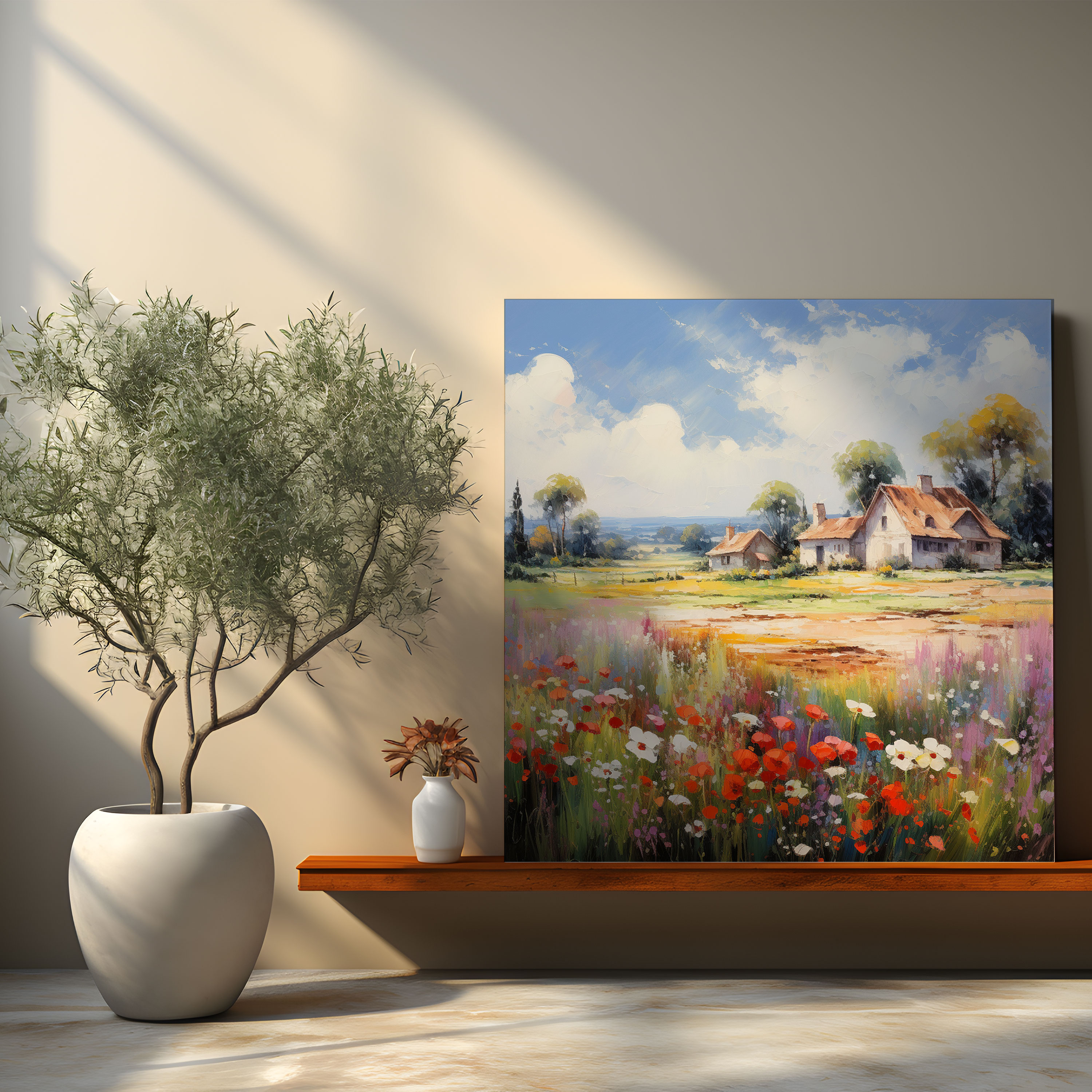 Blooming Fields Village Impressionist Canvas Print - Village, Canvas Print, Wall Art, Canvas Wall Art